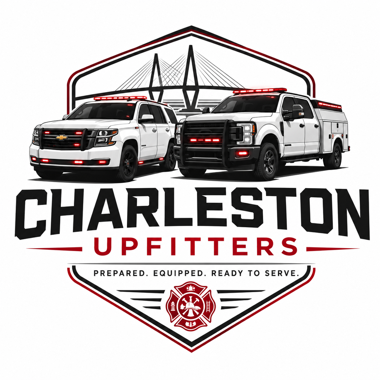 A logo featuring two white emergency vehicles, a police car and a fire truck, with a stylized bridge and cityscape in the background. The text reads "Charleston Upfitters" with the tagline "Prepared. Equipped. Ready to Serve." and an emblem at the bottom.