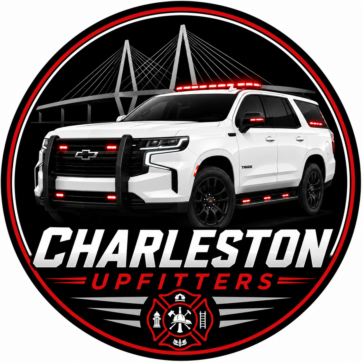 A white Chevrolet Tahoe police vehicle with emergency lights, black front grille guard, and black wheels, set against a black background with a graphic of a bridge. Text reads "Charleston Upfitters" with a firefighter emblem.