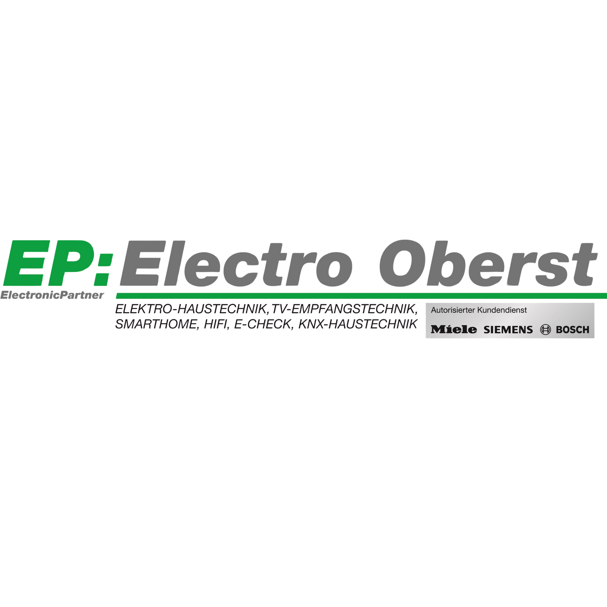 Logo mit Text ‚EP: Electro Oberst‘, darunter Marken wie ‚Miele‘, ‚Siemens‘ und ‚Bosch‘, und kleine Hinweise wie ‚Elektronische Partner‘ und ‚Autorisierter Kundenservice‘.