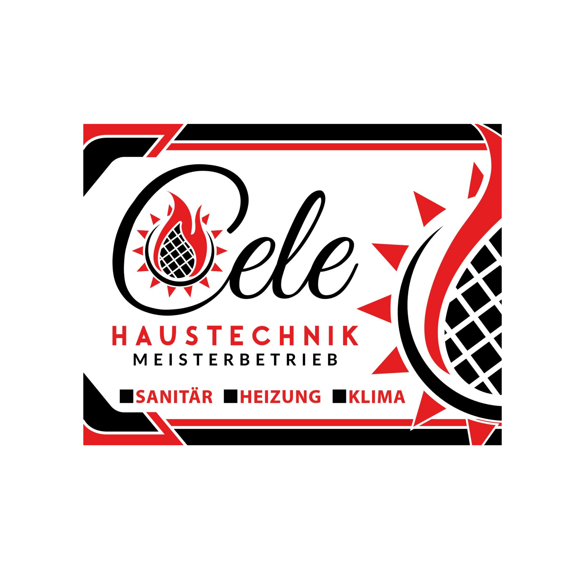 Logo einer Firma im Bereich Haustechnik, spezialisiert auf Sanitär, Heizung und Klima. Das Logo ist rot, schwarz und weiß, zeigt Flammen und ein Nitrografik-Design, mit Bezeichnungen wie HAUSTECHNIK, MEISTERBETRIEB, SANITÄR, HEIZUNG, KLIMA.