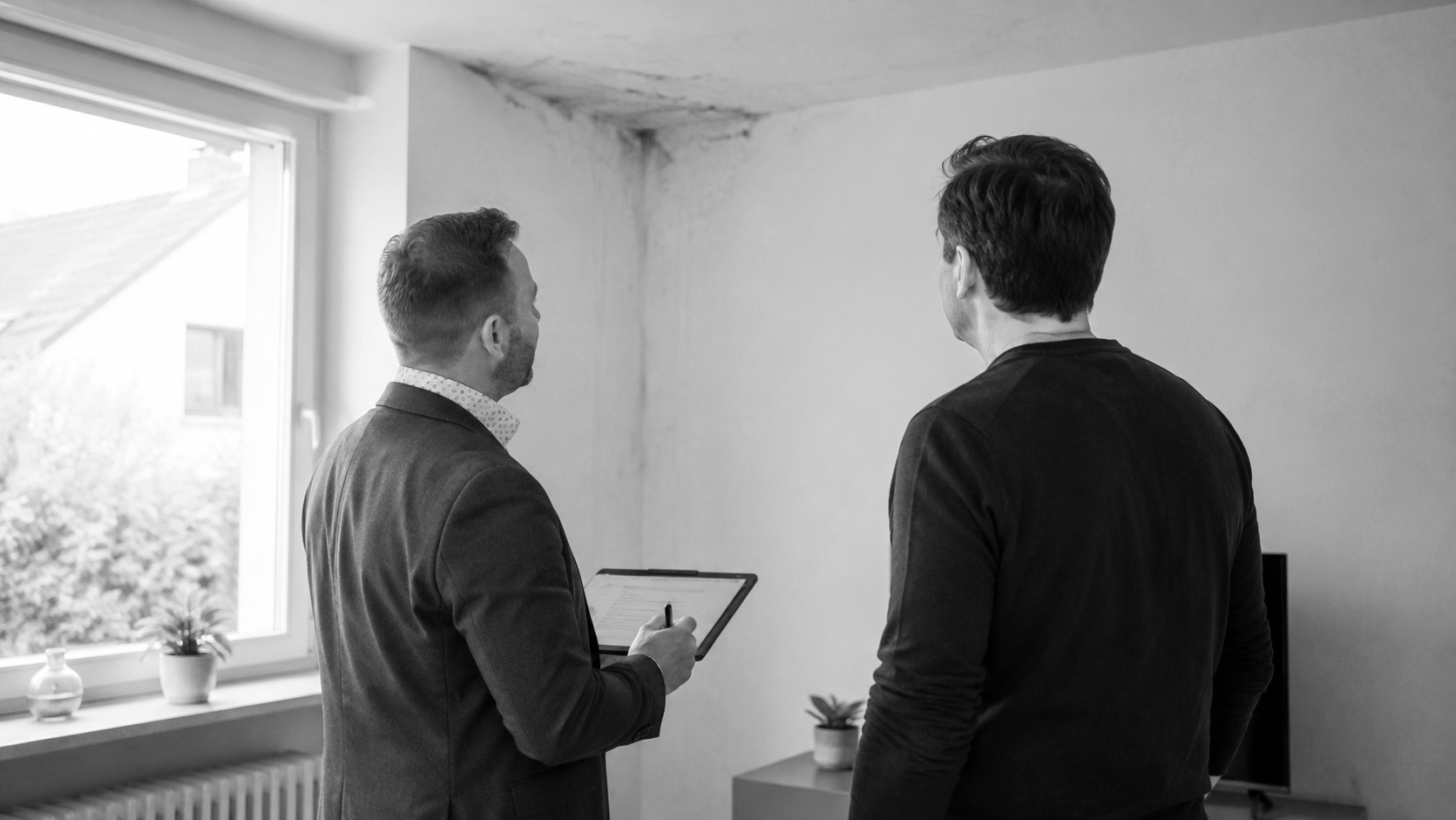 Christian Bolz von der Contur Schadenmanagement GmbH und ein Kunde sprechen in einem Raum mit einem Fenster, die eine Person hält einen Tablet und schreibt darauf, während die andere Person zuhört.