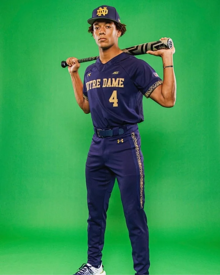 A young male baseball player in a Notre Dame uniform with the number 4, holding a baseball bat over his shoulders, standing in front of a green screen.