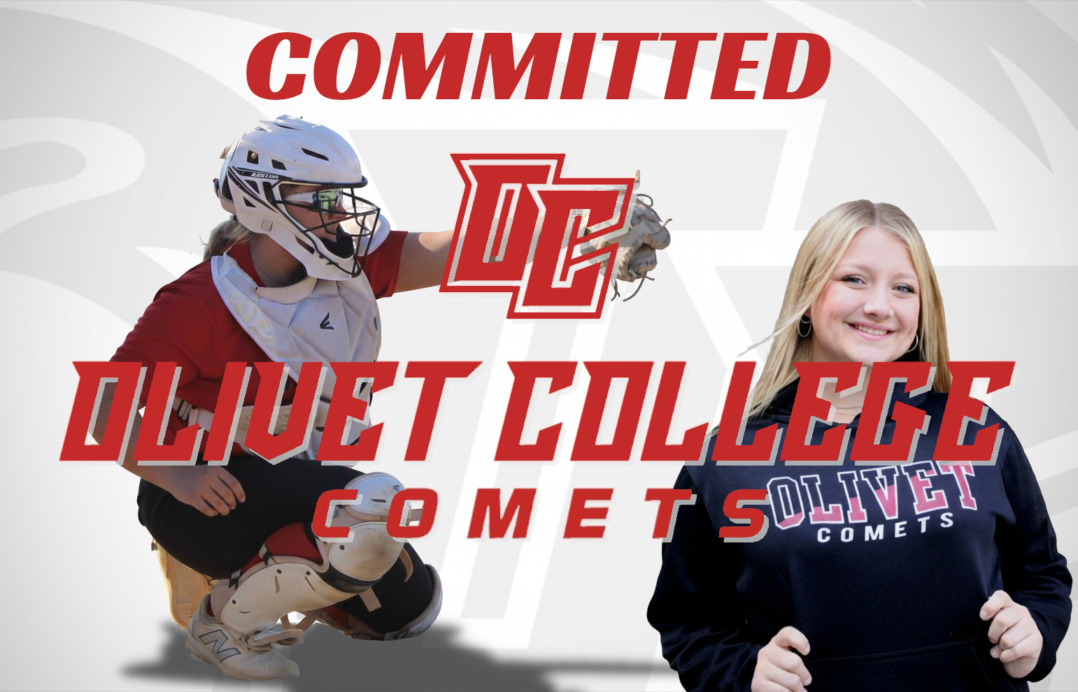 A promotional image for Olive College featuring a female softball catcher in gear on the left and a smiling young woman wearing a Olive College hoodie on the right, with the college's logo and name in bold red text.