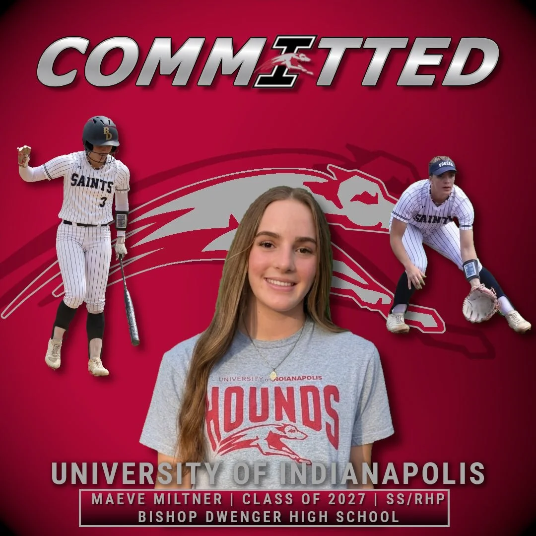 A young woman smiling, wearing a gray University of Indianapolis hoodie, is in the center of a graphic with two female softball players in action and a background featuring the university's logo. The text reads "Committed," with additional details about the student-athlete's name, class year, position, and high school.