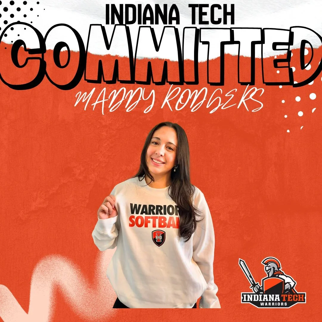 Young woman smiling, wearing a white sweatshirt with 'Warrior Softball' logo, standing in front of an Indiana Tech Warriors themed background.