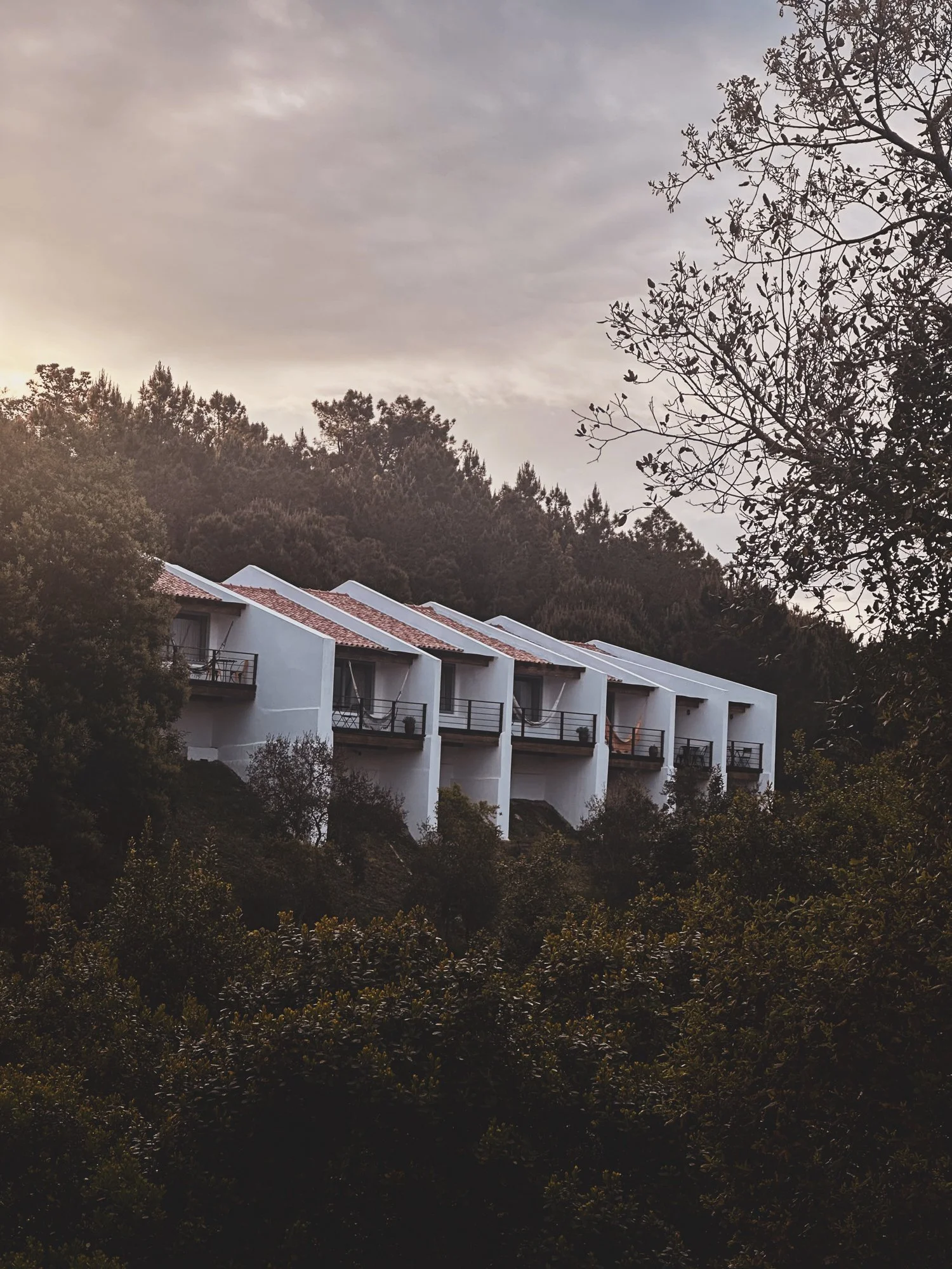 A row of white modern houses with red-tiled roofs situated on a hillside, with tall trees and a cloudy sky in the background.