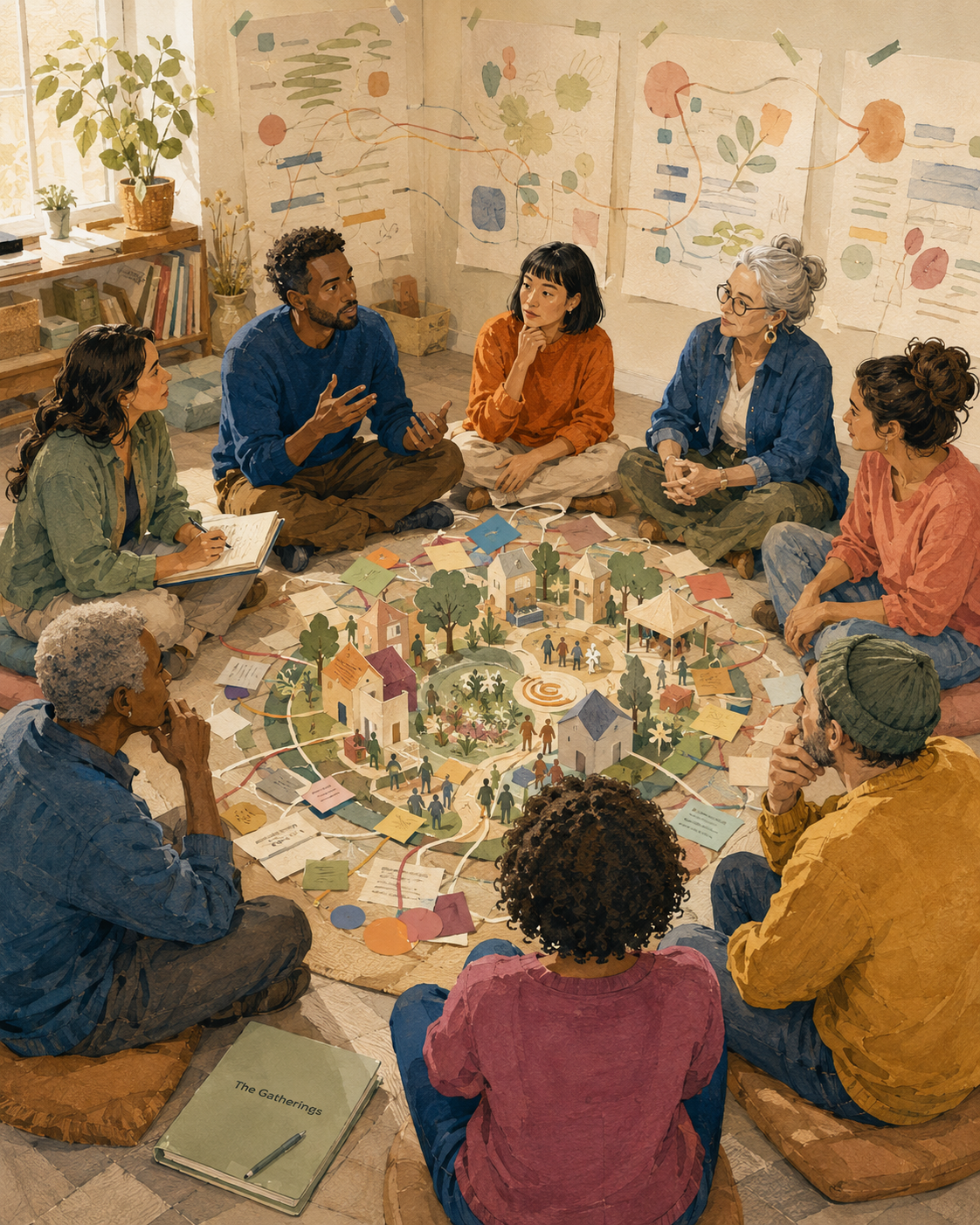 A gathering of diverse people sitting on the floor in a circle, discussing around a detailed model of a community with houses, trees, and pathways. The room has posters of diagrams on the walls, a bookshelf, and plants.