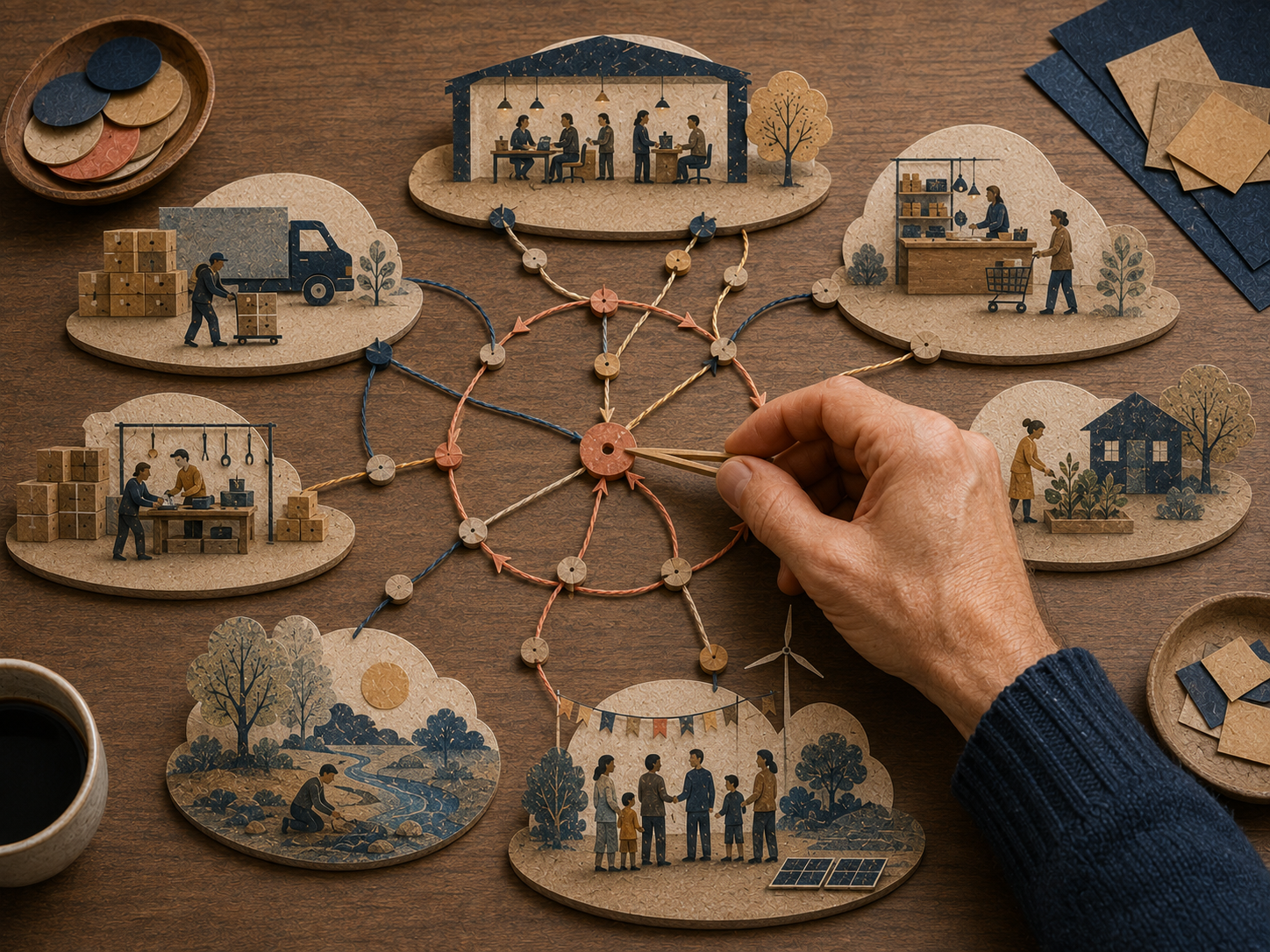 A person adjusting a model of interconnected community scenes made of paper and wood on a table, including scenes of people working in offices, shopping, installing solar panels, and enjoying outdoor activities.