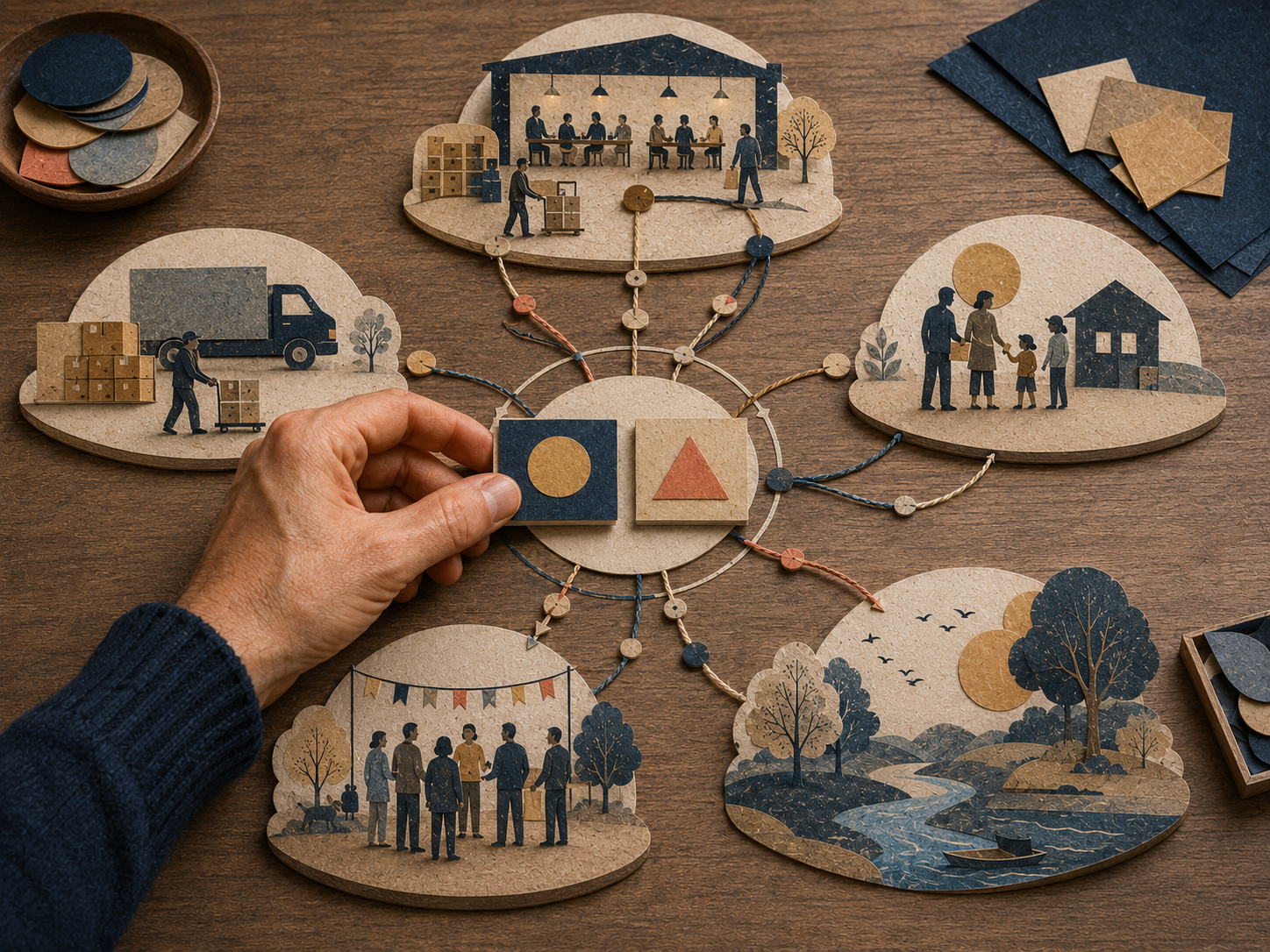 A person arranging a diagram with interconnecting illustrated scenes on a wooden table, including elements of nature, community, and industry, with wooden tokens.