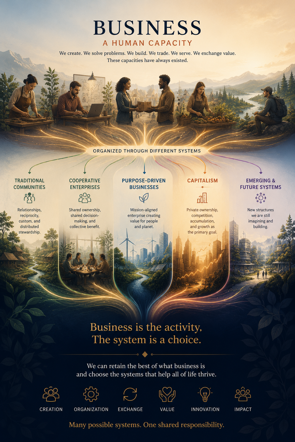 Infographic titled 'Business: A Human Capacity' depicting different systems of organizing business—Traditional Communities, Cooperative Enterprises, Purpose-Driven Businesses, Capitalism, and Emerging & Future Systems—with illustrations of people working, meeting, and landscapes. The infographic emphasizes that business is a activity and system choices affect sustainability and thriving of life.