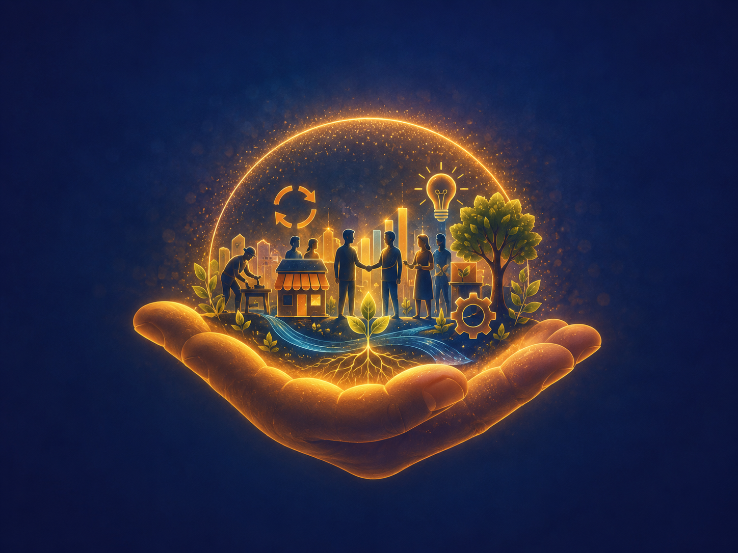 An illustration of a glowing hand holding a miniature sustainable community with trees, people, and various icons representing eco-friendly initiatives and innovation.
