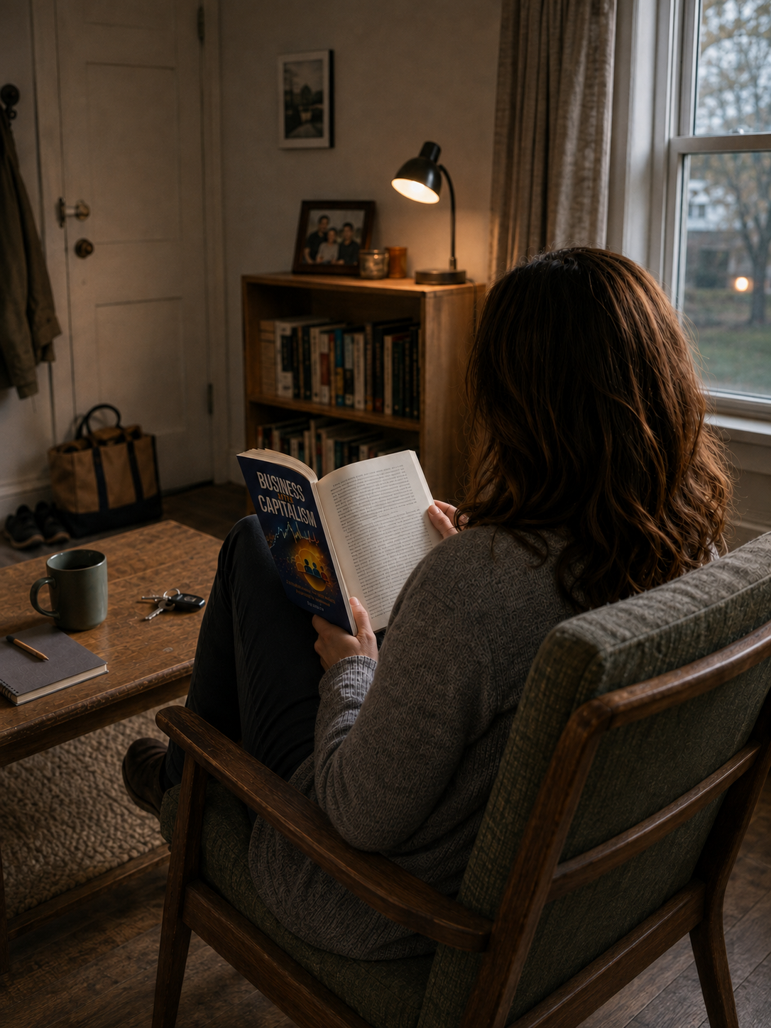 A woman with curly brown hair sitting in a cozy living room, reading a book titled 'Business After Capitalism' near a window with curtains, a wooden bookshelf, a desk lamp, and personal items.