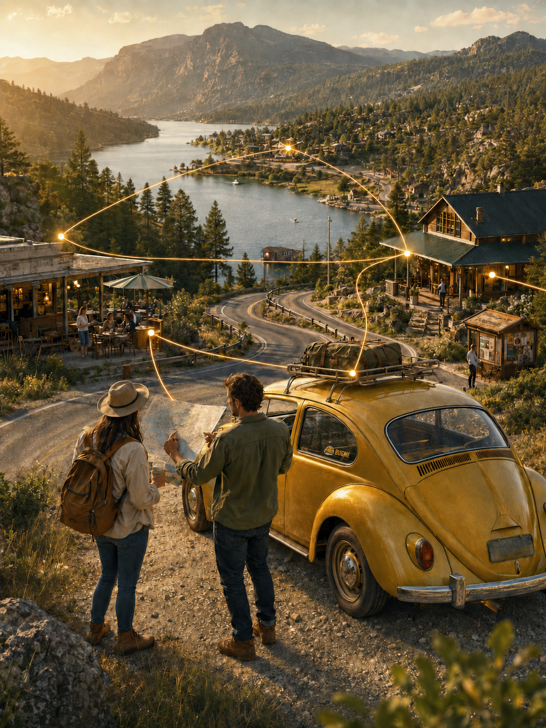 Couple with backpack and hat looking at a map next to a vintage yellow car on a hill overlooking a scenic lake surrounded by mountains and trees. Cabin and outdoor dining area in the background, with light trails in the sky indicating a long exposure.