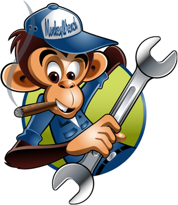 Cartoon monkey wearing a blue cap and work uniform, holding a large wrench and a clipboard, with a pencil in its mouth.