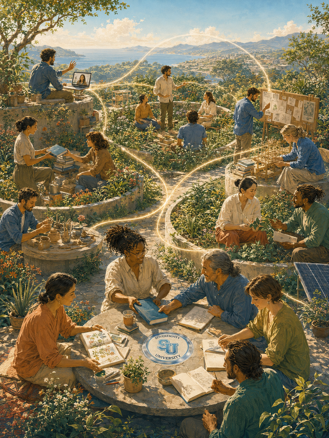 A diverse group of people engaging in various educational and scientific activities from Sovereignty University, in a lush garden setting, with mountains and a body of water in the background, and a glowing heart-shaped line connecting them.