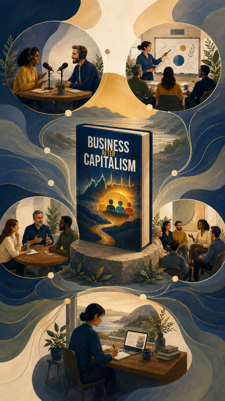 Illustration of discussions, presentations, and reading centered around the book titled 'Business After Capitalism'.