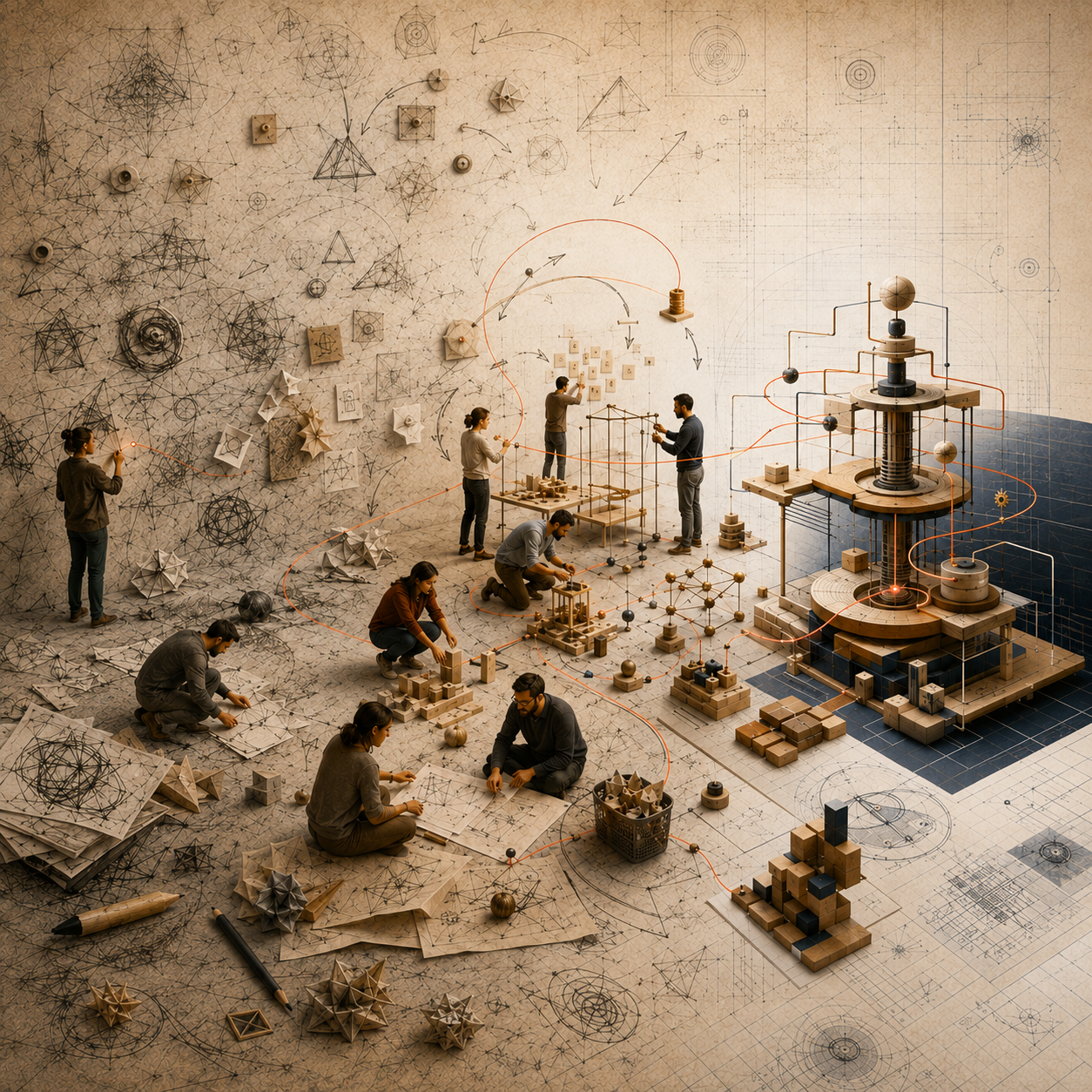 People working on geometric models and drawings in a creatively designed space with scientific diagrams and geometric patterns on the walls.