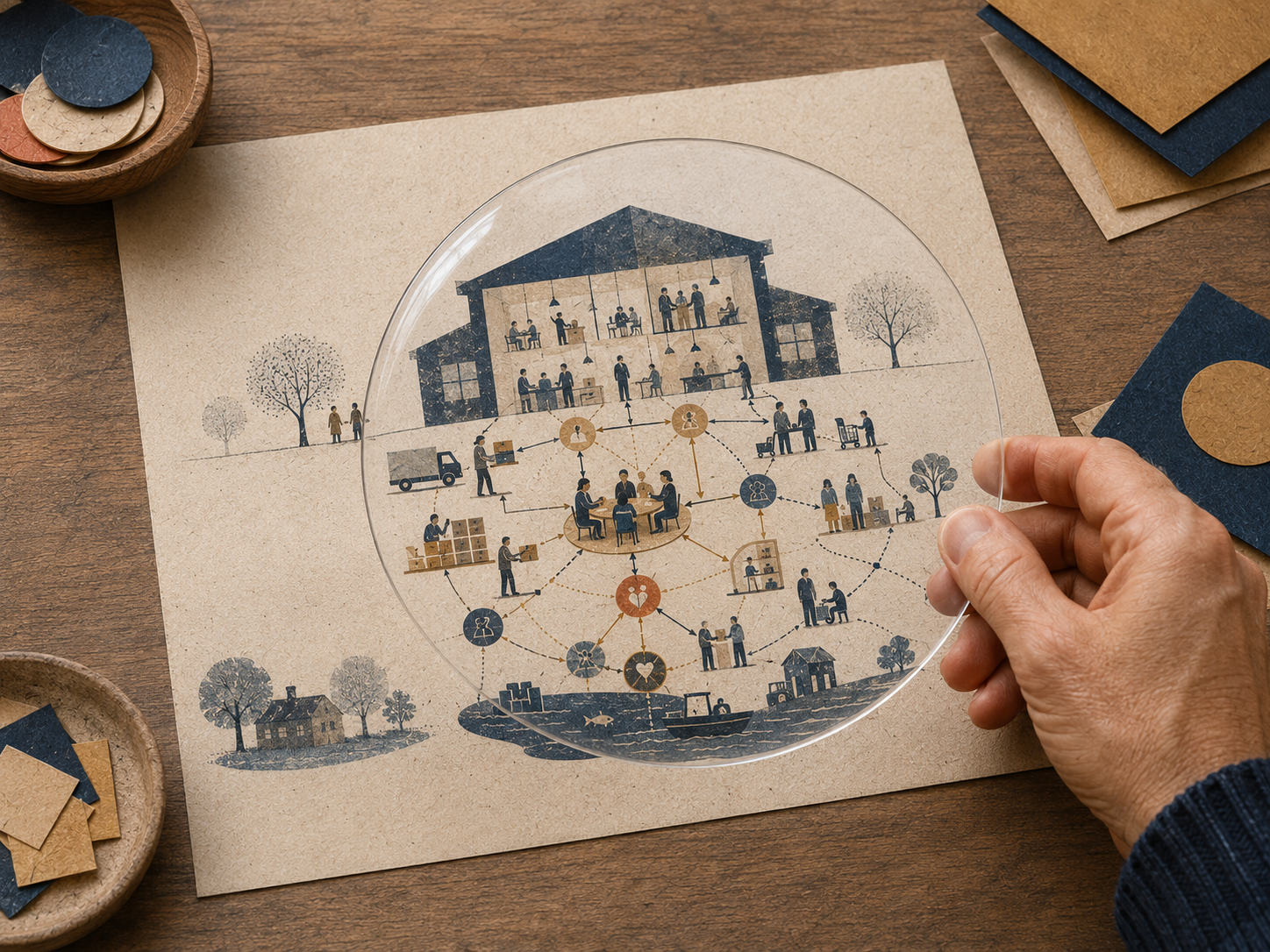 A hand holding a glass disc over a diagram of a community or social network on paper, with illustrations of people, a house, trees, and transportation on a wooden table.