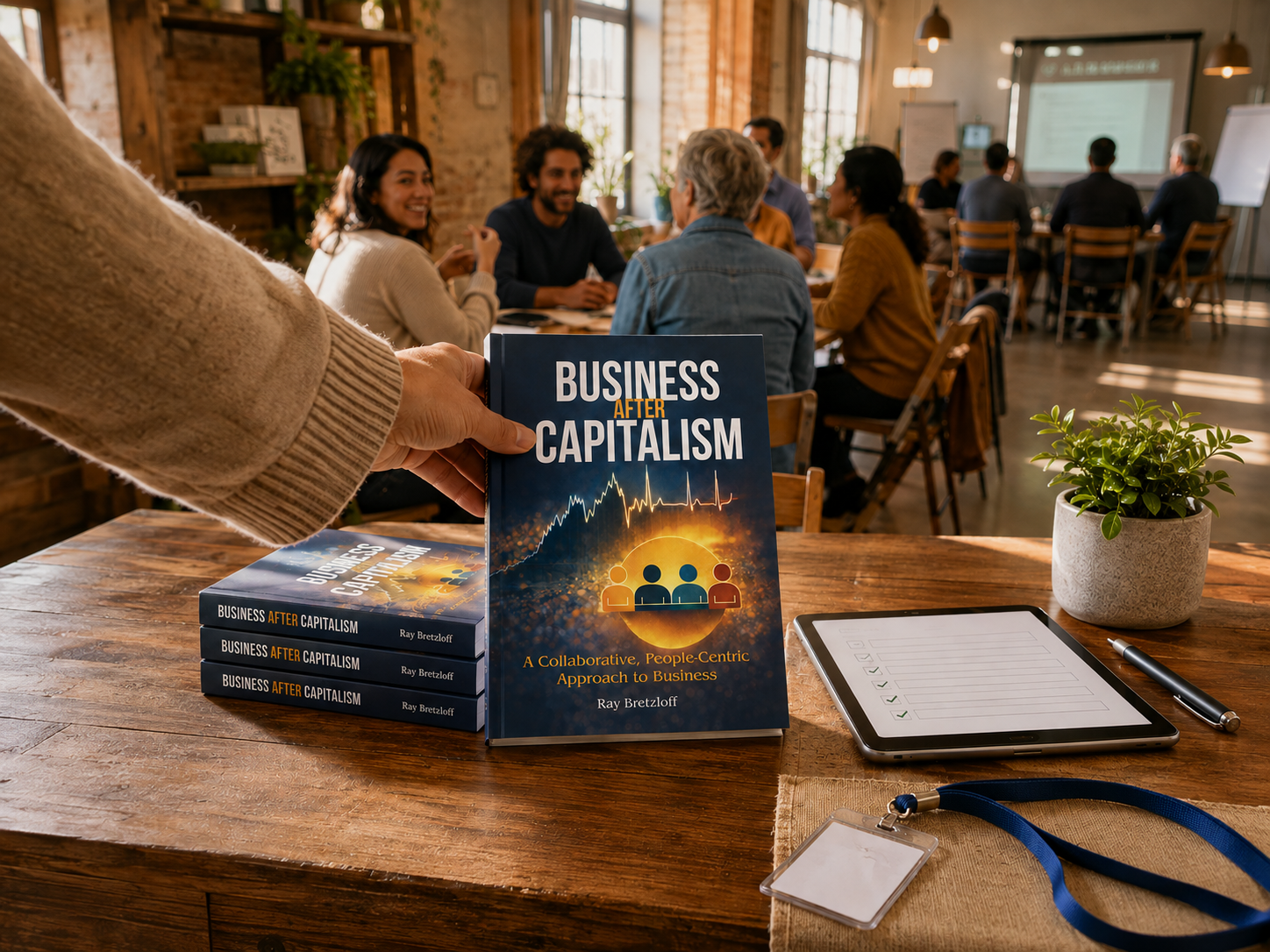 A person holds a book titled 'Business After Capitalism' by Ray Bretzloff in a meeting room with a group of people in the background. The table has a potted plant, a digital tablet with a checklist, a pen, and a lanyard.