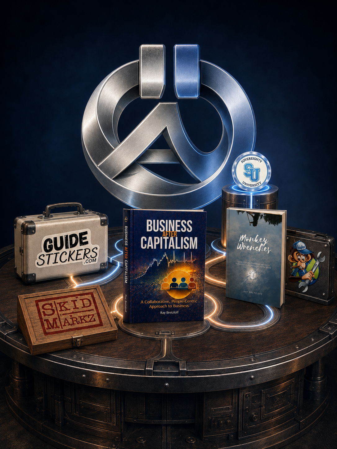 Collection of books, stickers, and items on a wooden table, featuring a large metallic logo, a book titled 'Business After Capitalism,' a guide sticker box, a small wooden box labeled 'Ski Markz,' a circular illuminated emblem for 'Sovereignty University,' a book called 'Monkey Wrenches,' and a cartoon icon of a monkey with a wrench and gear.
