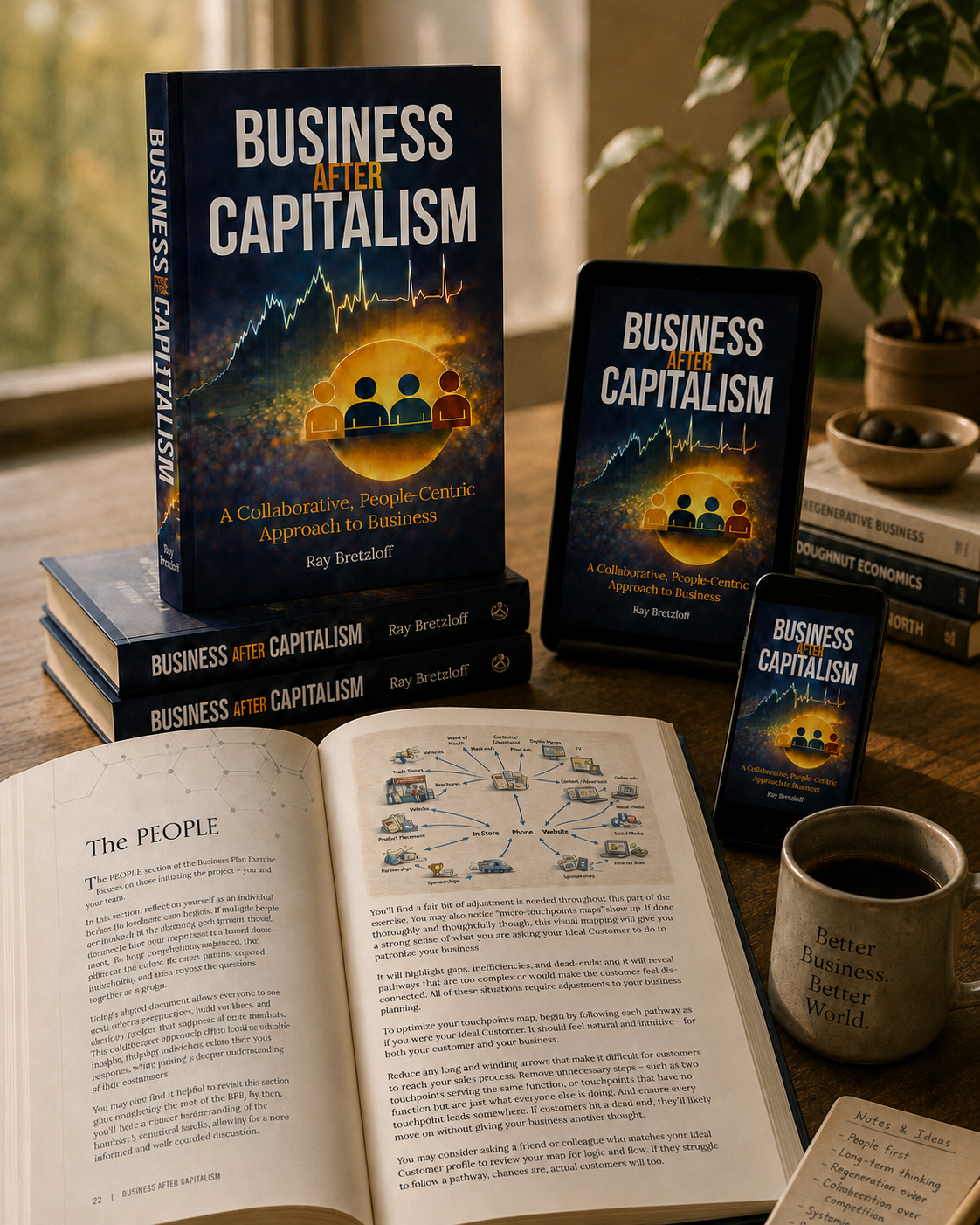 A book titled "Business After Capitalism" standing upright and stacked on other copies, alongside a tablet and a smartphone displaying the same book cover, on a desk with a coffee mug, an open notebook with notes, and a potted plant in the background.