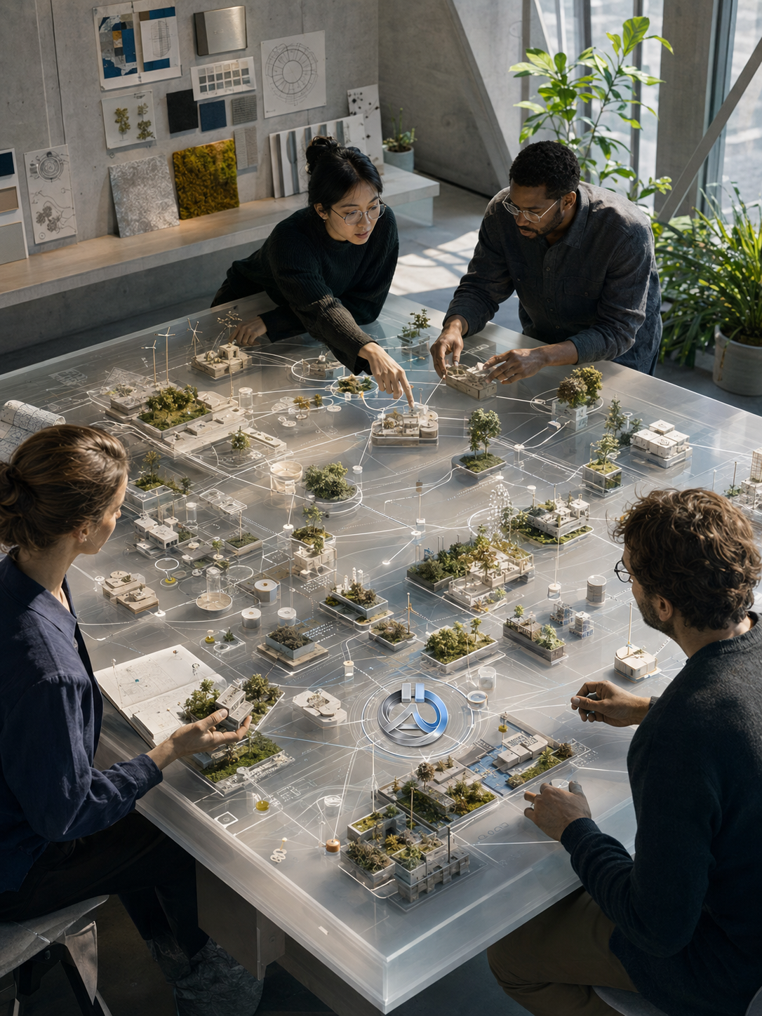 Group of people working on a detailed architectural or urban planning model of a city or community, with small buildings, trees, and infrastructure on a transparent table with the Activate us logo embedded on it.