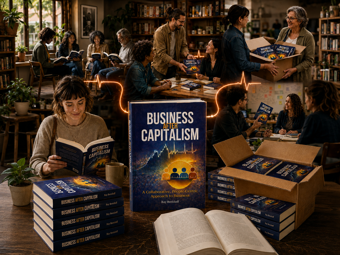 Woman reading Business After Capitalism in a social indoor space with others reading the same book in the background and a man purchasing a copy. There are open boxes and stacks of the book around the venue.