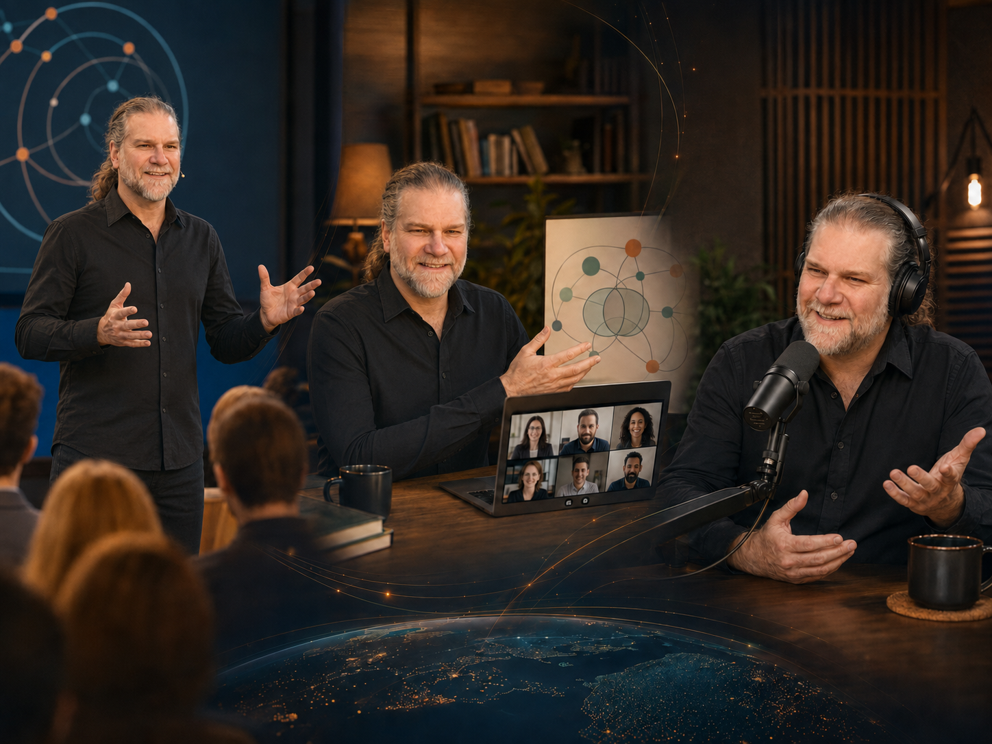 Collage of Ray Bretzloff presenting his business and social concepts and practical findings to a live and online audience, and in a podcast studio.