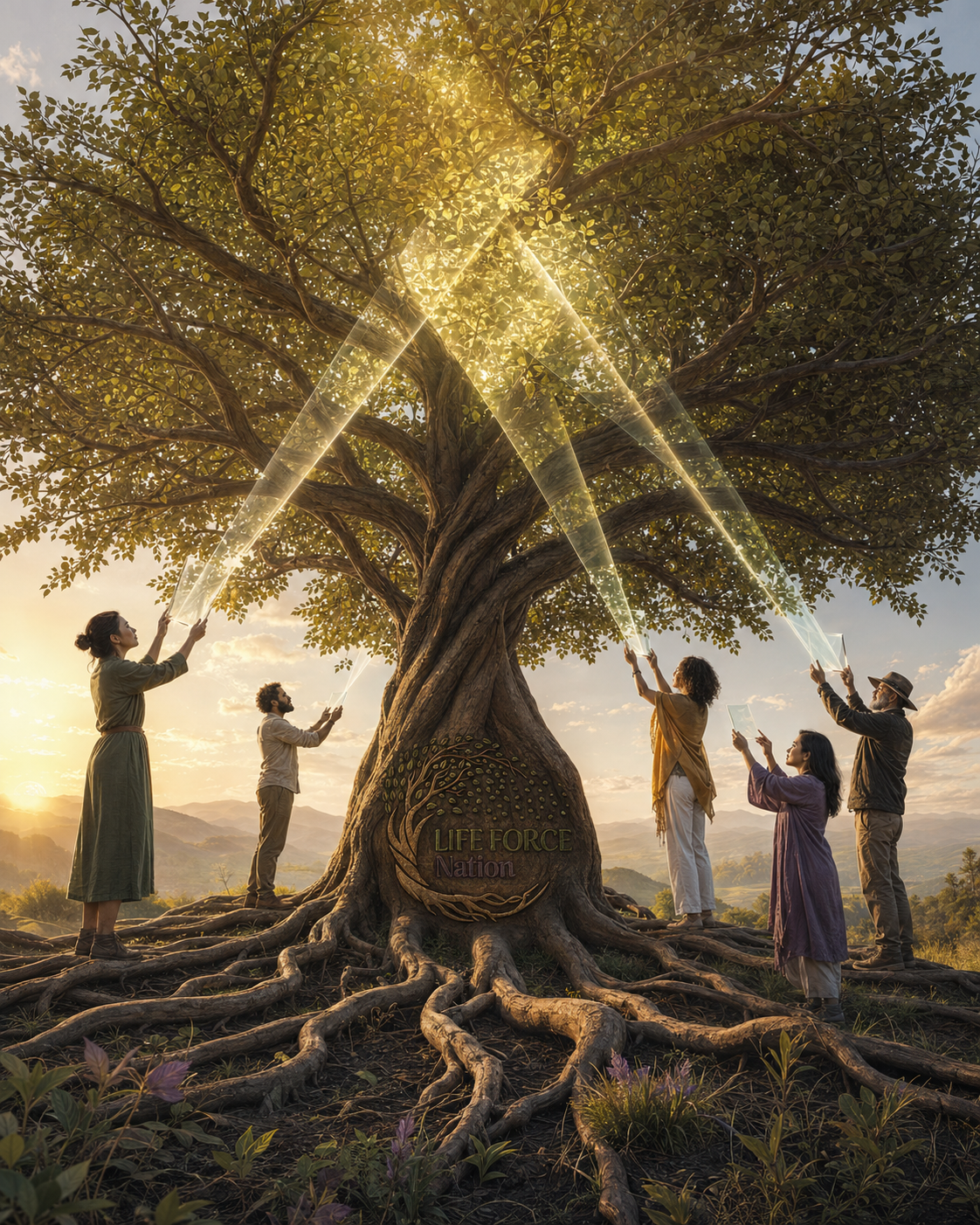 People standing around and reaching towards a large tree with glowing light beams shining through the leaves, during sunset, with a 'Life Force Nation' inscription on the trunk.