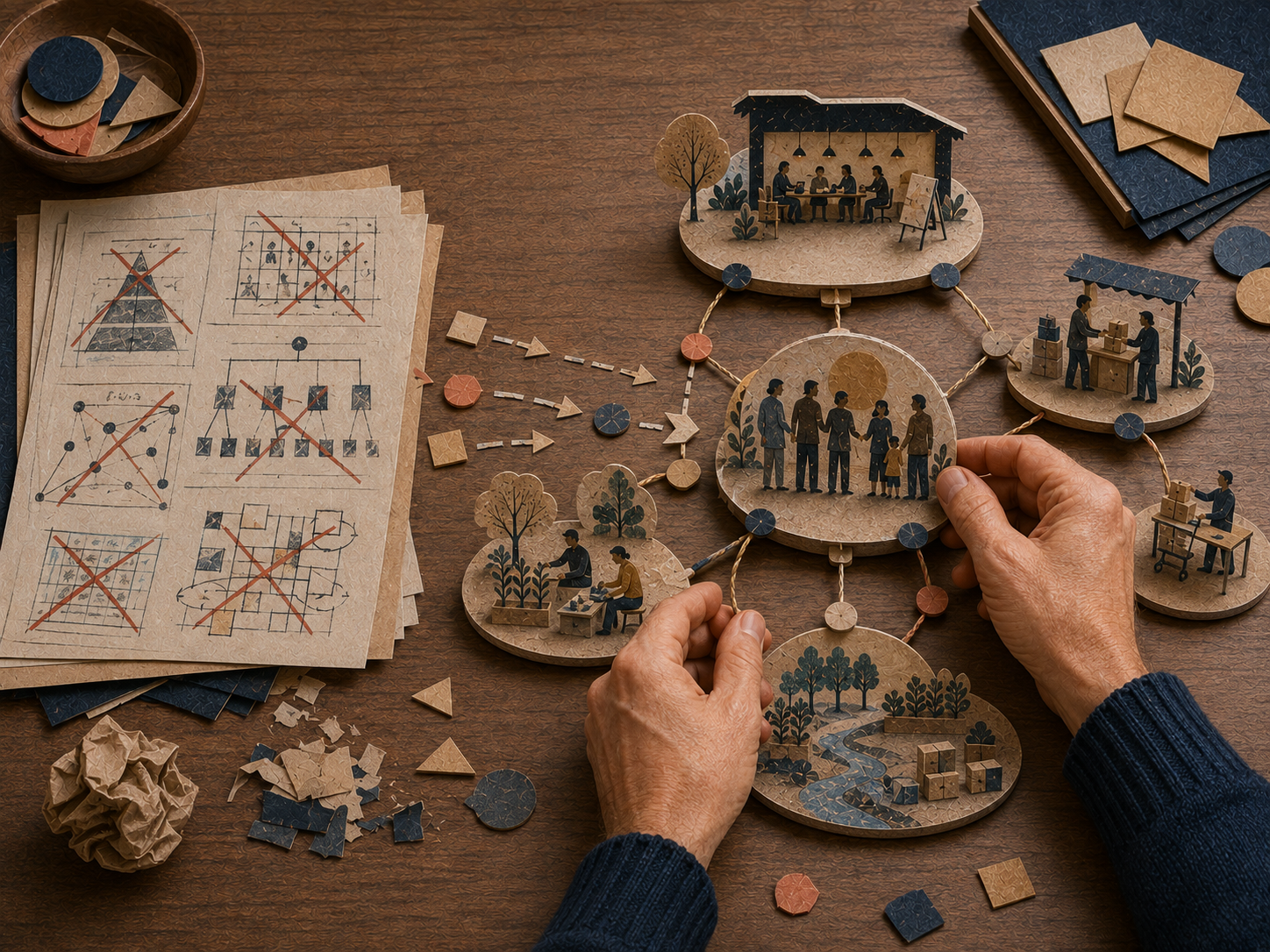A person arranging a wooden family tree diagram on a table with paper notes, with other paper pieces and diagrams nearby.