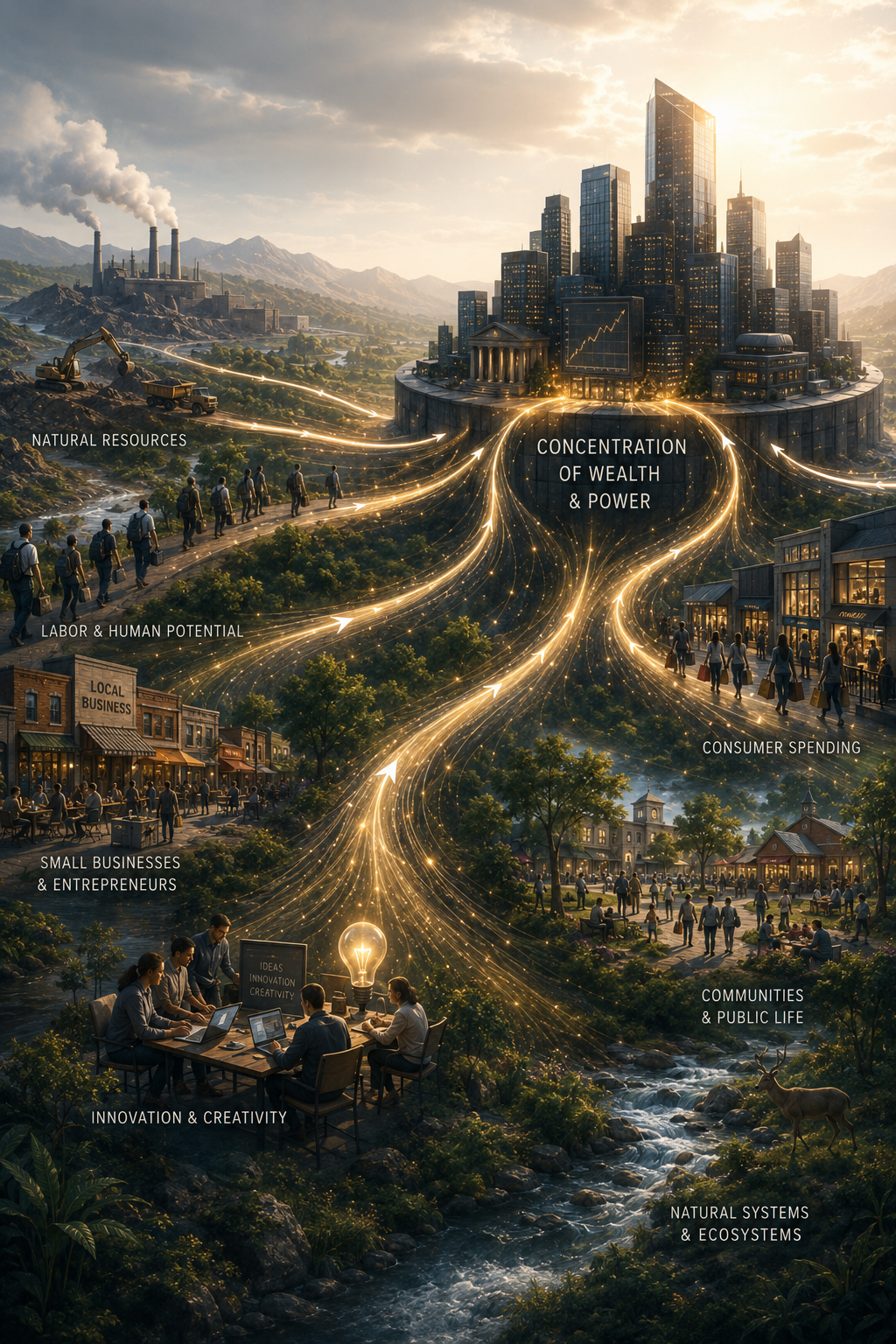 A futuristic cityscape with tall skyscrapers, a mountain range, and industrial smokestacks in the background. People are walking on paths, and there are scenes of innovation, small businesses, and communities, with annotations about resources, human potential, wealth, power, consumer spending, ecosystems, and creativity.