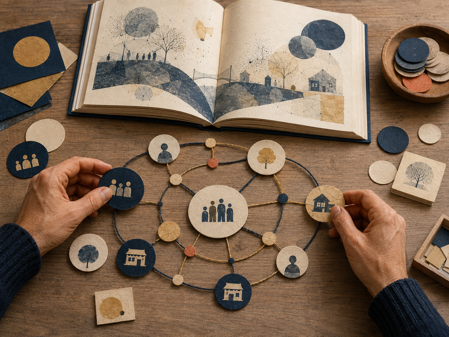 Person arranging a paper-based family tree diagram on wooden table with an open illustrated book and various cards with house, tree, and people icons.