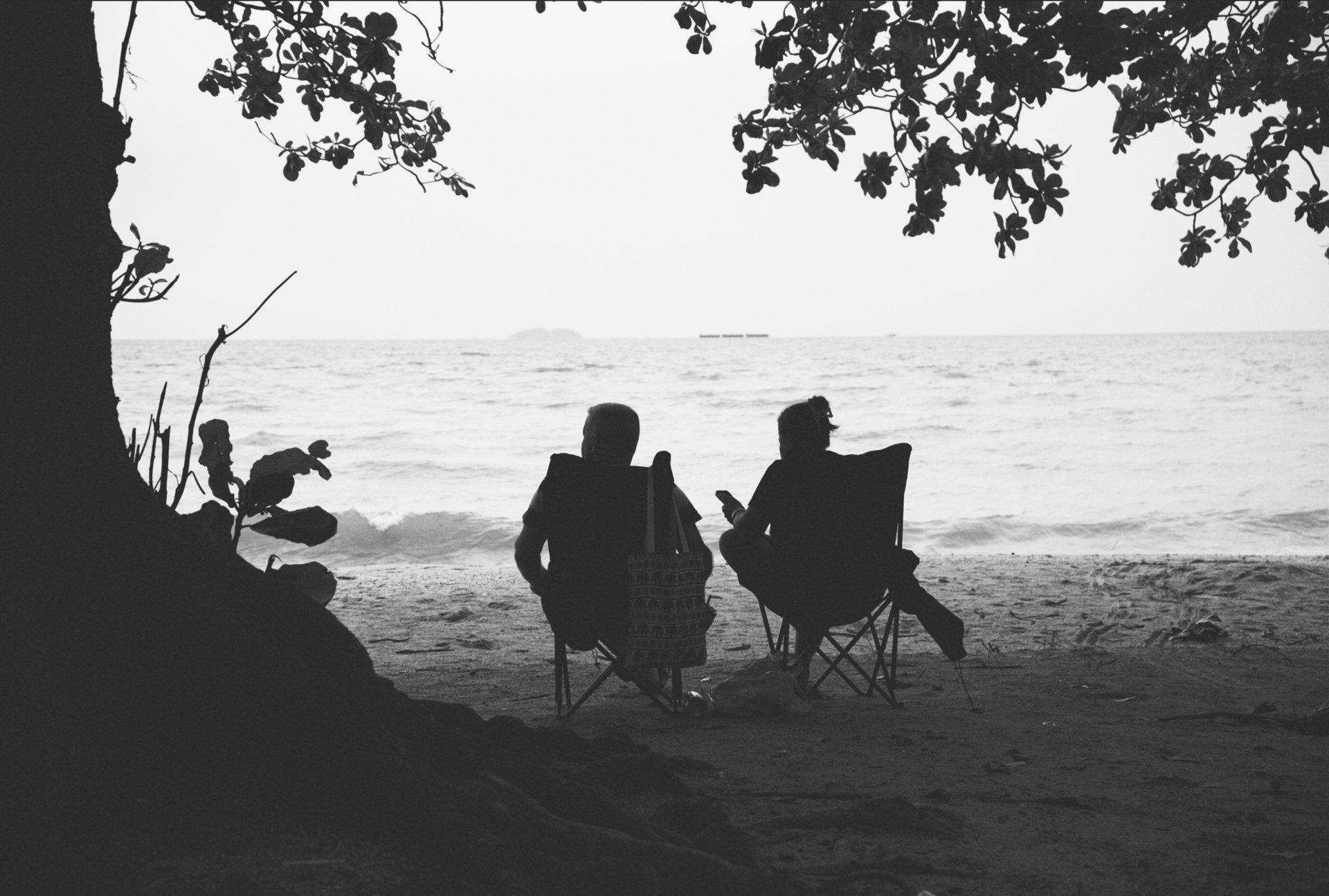 Black and white photo of two people sitting on camping chairs on a beach under a tree, looking out at the ocean, with a ship visible on the horizon.