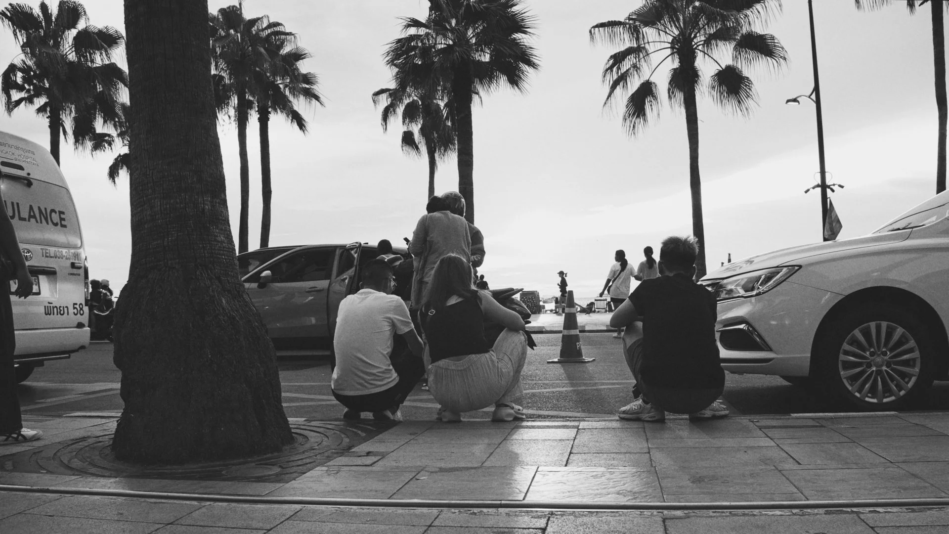 People sitting and standing near parked cars on a street with palm trees in the background and a cloudy sky.