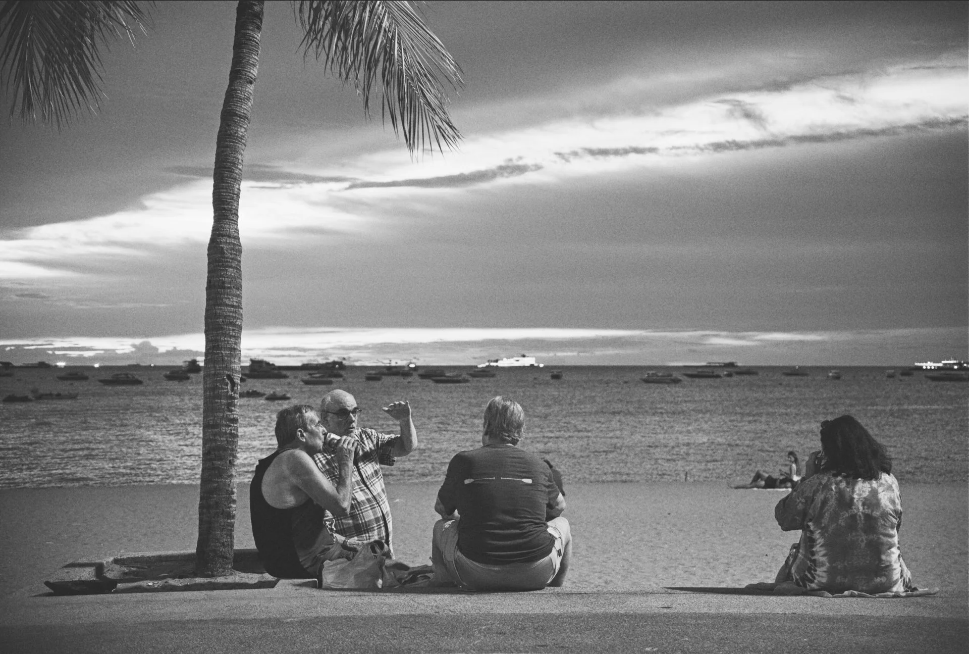 A group of people sitting and talking on a beach near the water, with boats anchored in the distance, a tall palm tree in the foreground, and a cloudy sky at sunset.