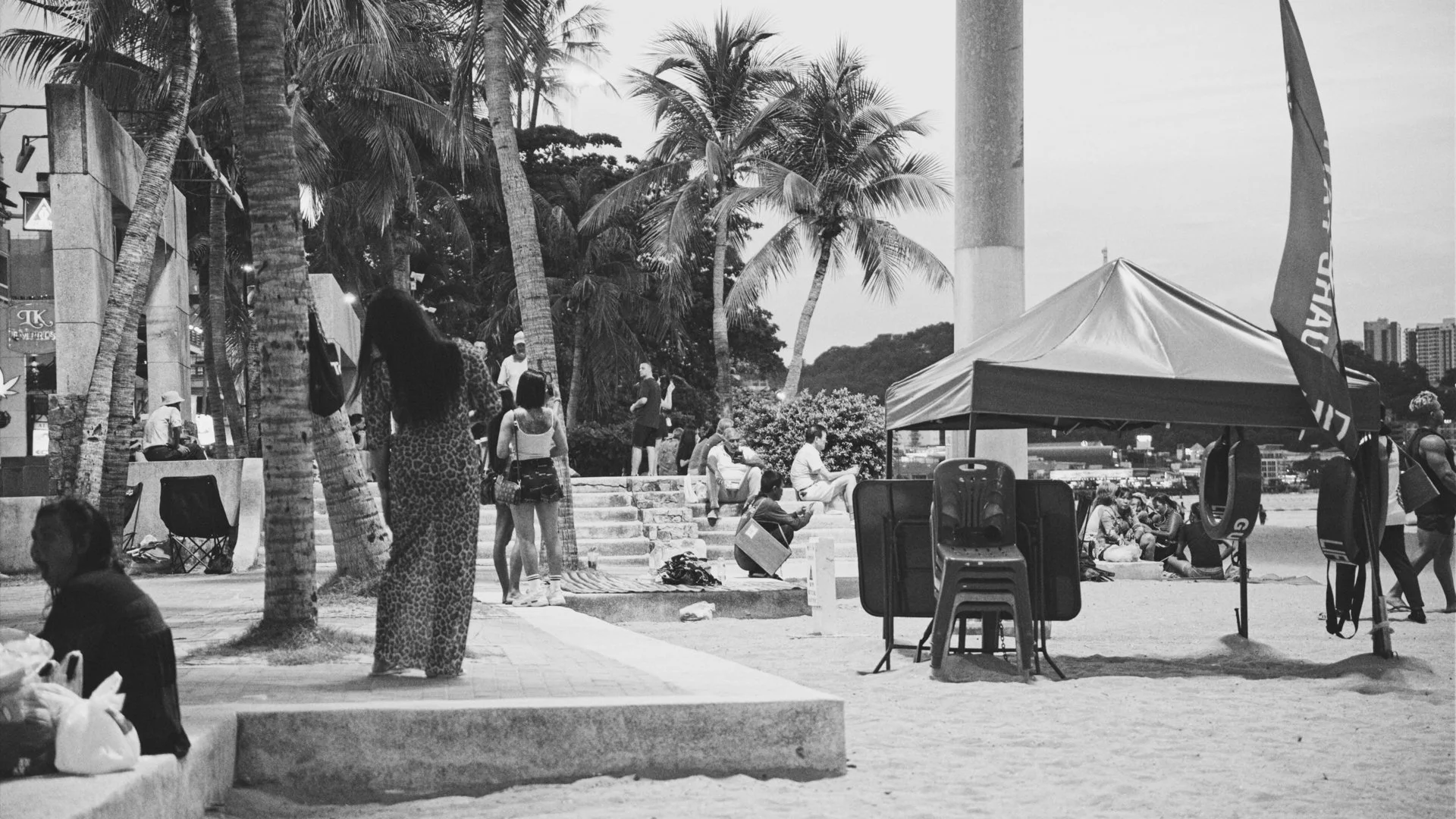People gathered outdoors by palm trees, with some sitting and some standing, near a tent and chairs, in a casual setting.