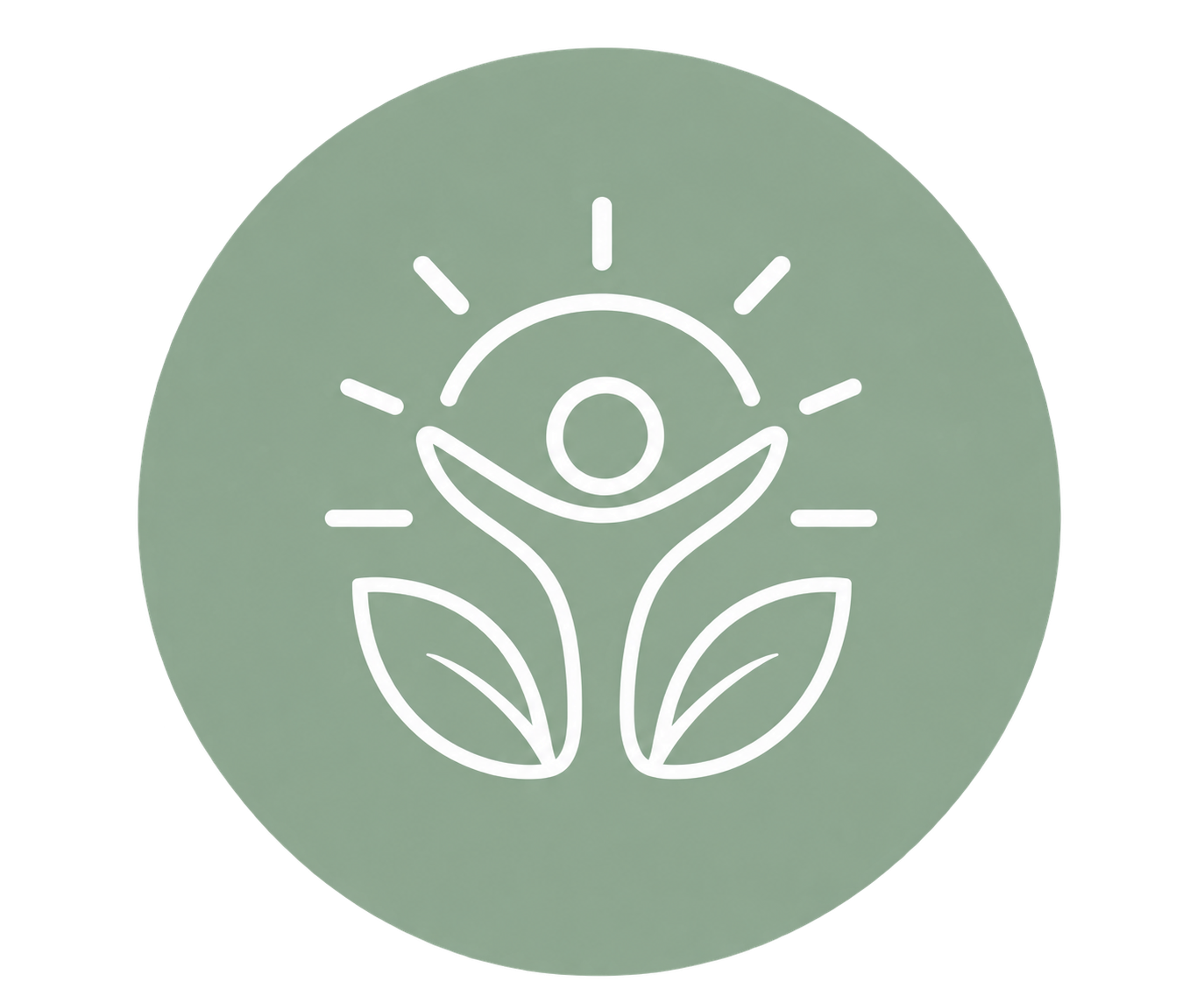 A minimalist line drawing of a person with arms raised inside a circle, with leaves at the bottom and sun rays around, symbolizing growth and wellness.