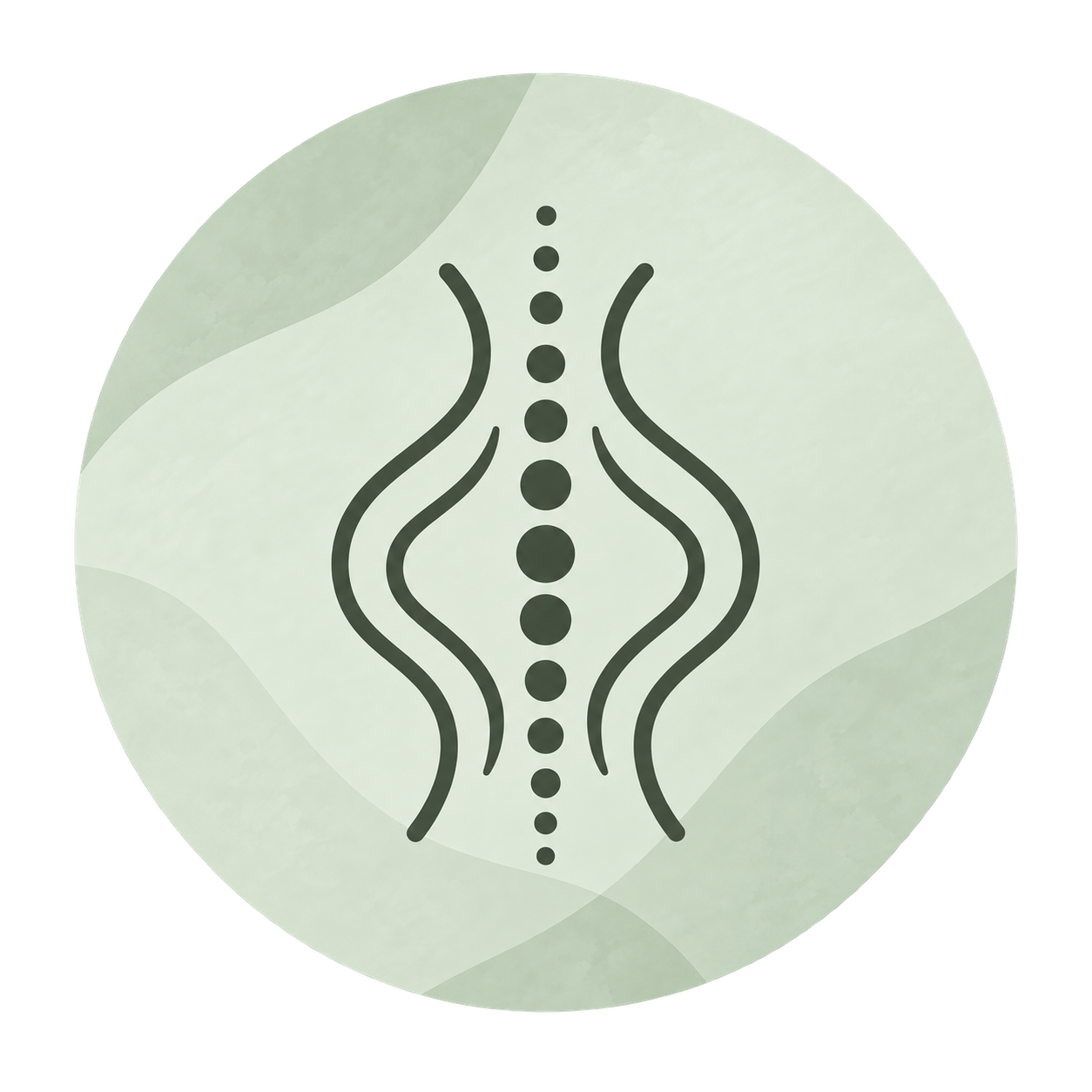 Line drawing of a human spine with curved lines on each side and a dotted line in the center.