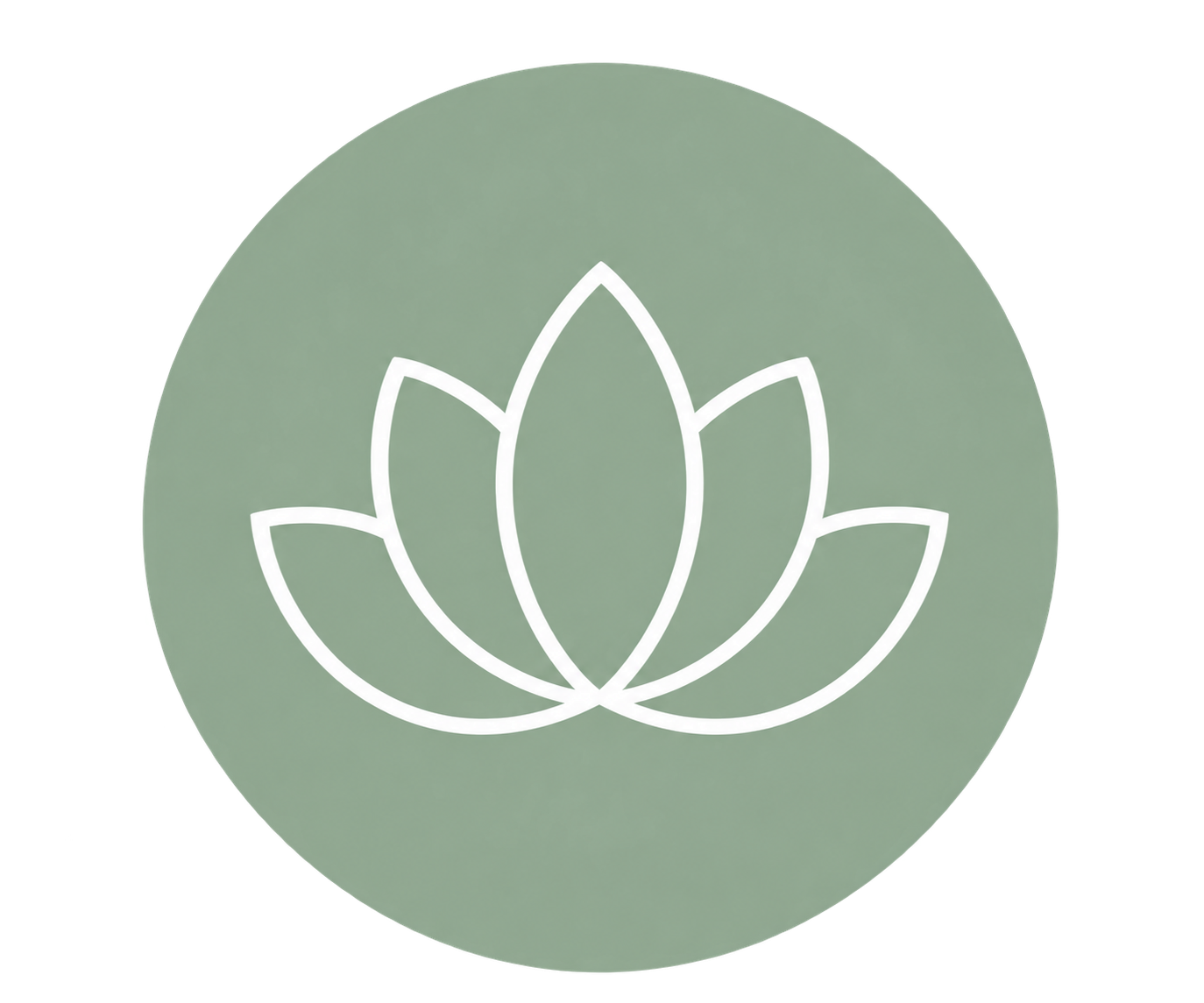 Icon of a lotus flower with white outline on a muted green circular background.