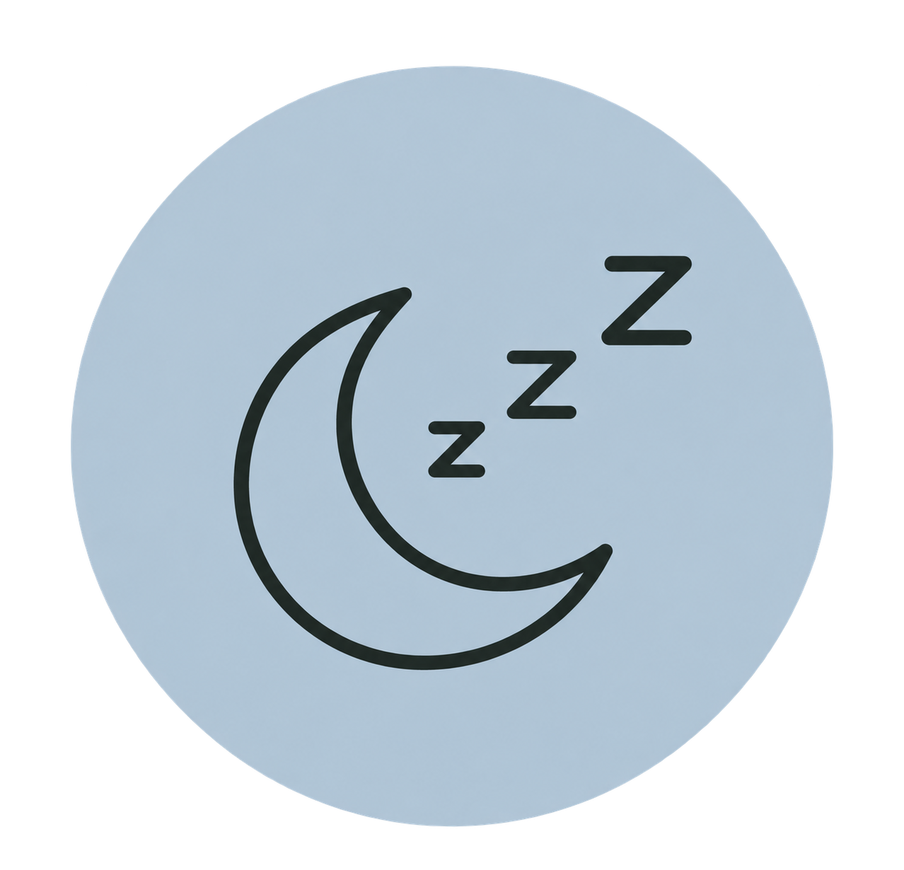 Light blue circular background with a black moon and three Z's to depict sleeping or sleep.