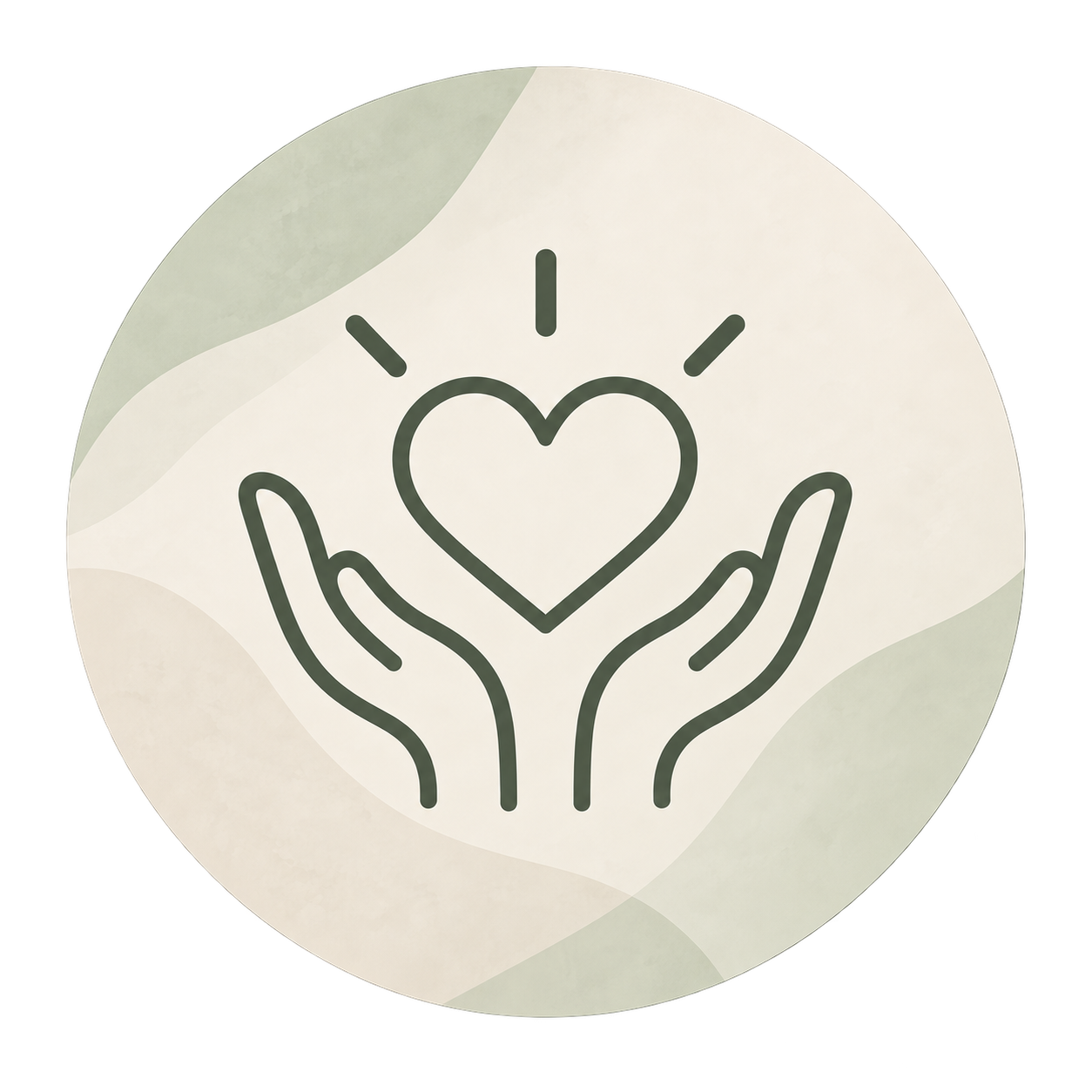 Illustration of two hands holding a heart with lines radiating from it, depicting care and love.