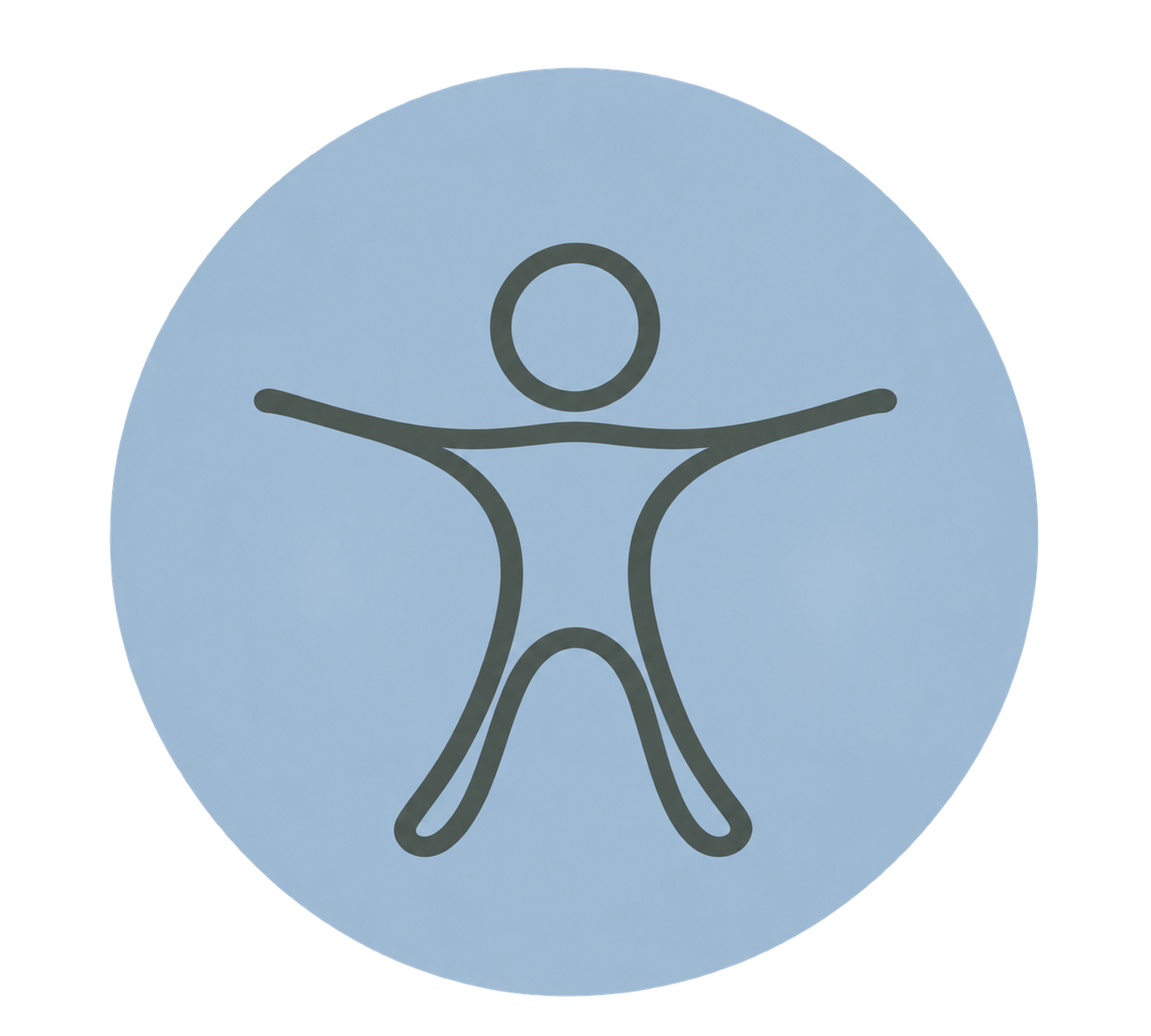 A simple line drawing of a human figure with arms outstretched, inside a blue circular background.