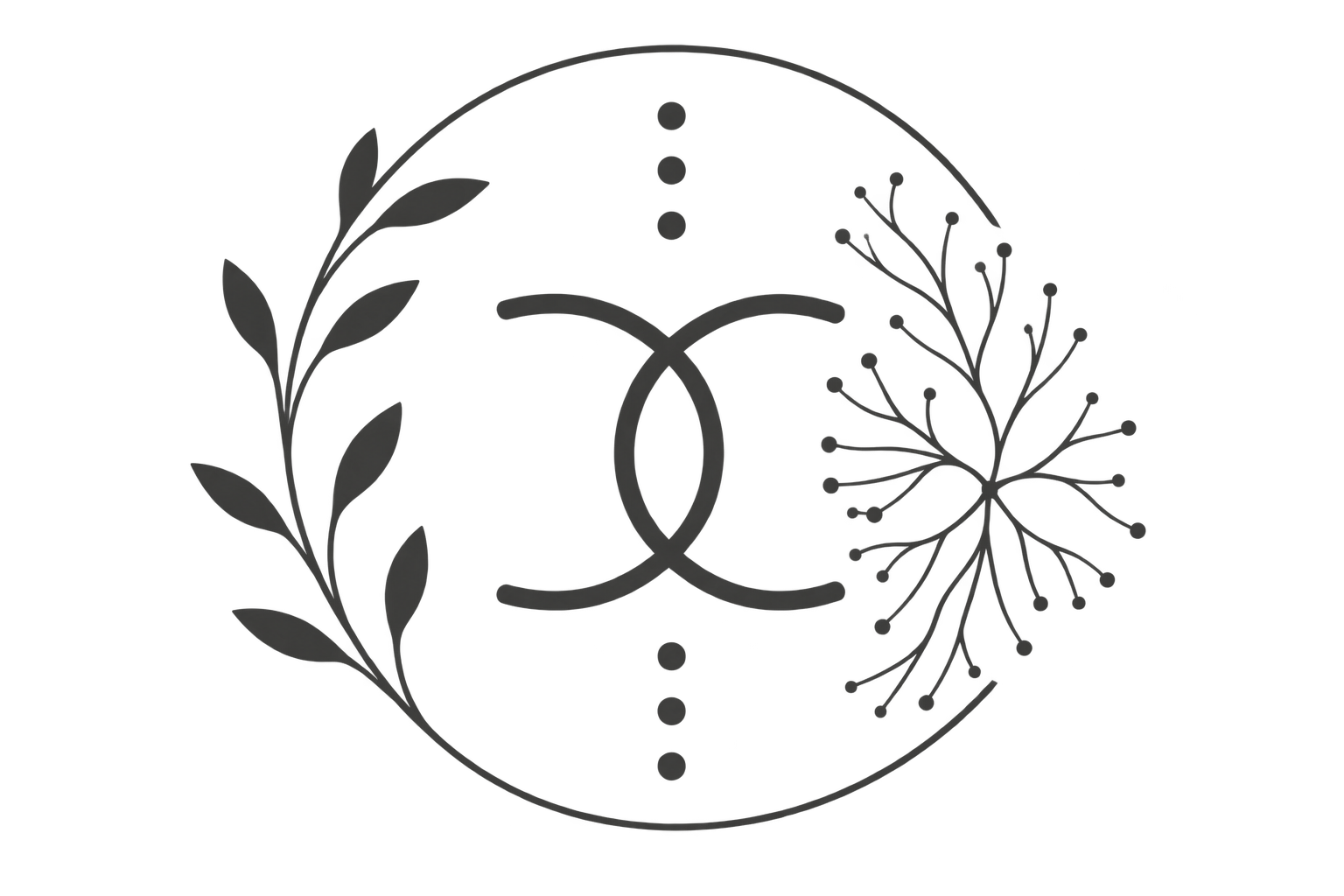A logo featuring a circular design with two overlapping semi-circles at the center, surrounded by botanical elements on each side, and dotted lines connecting the botanical elements to the semi-circles.