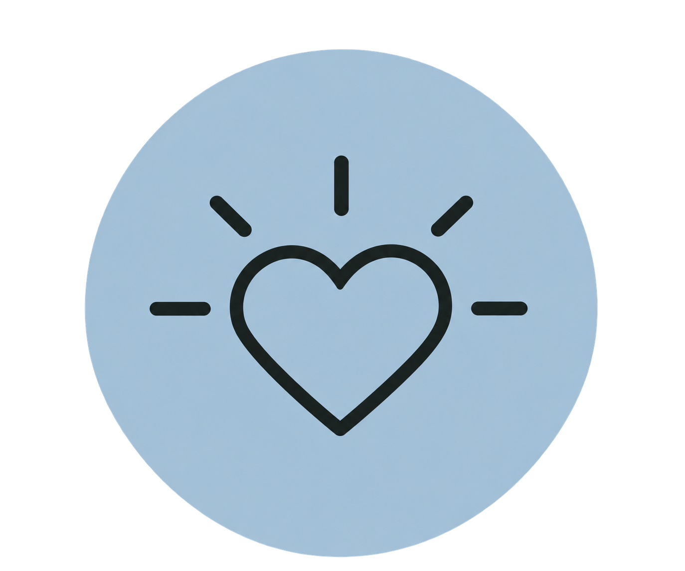 Light blue circle with a black outline heart at the center, surrounded by black lines radiating outward like rays.