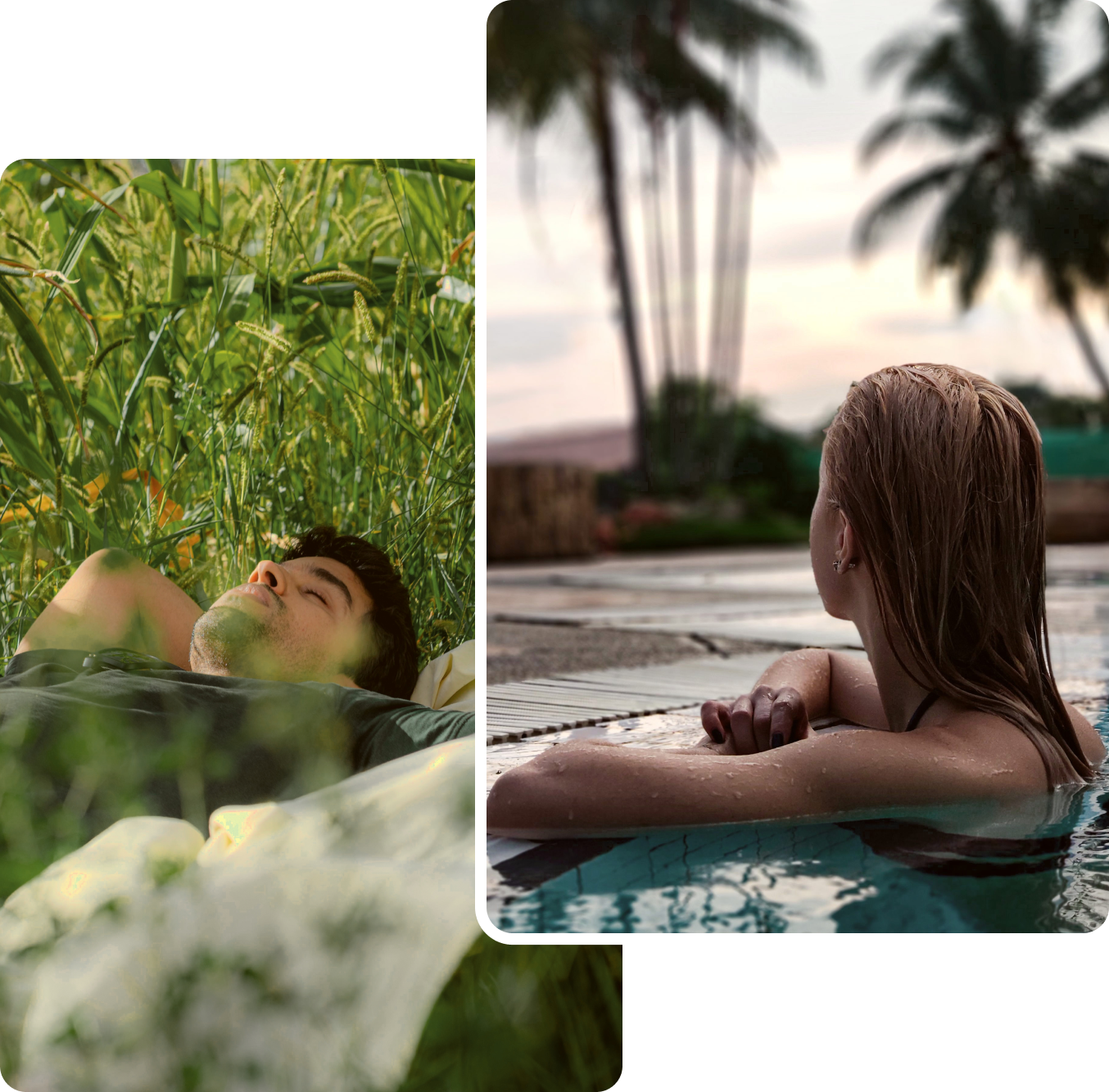 Person resting in a sunlit meadow beside a woman relaxing in an infinity pool at sunset