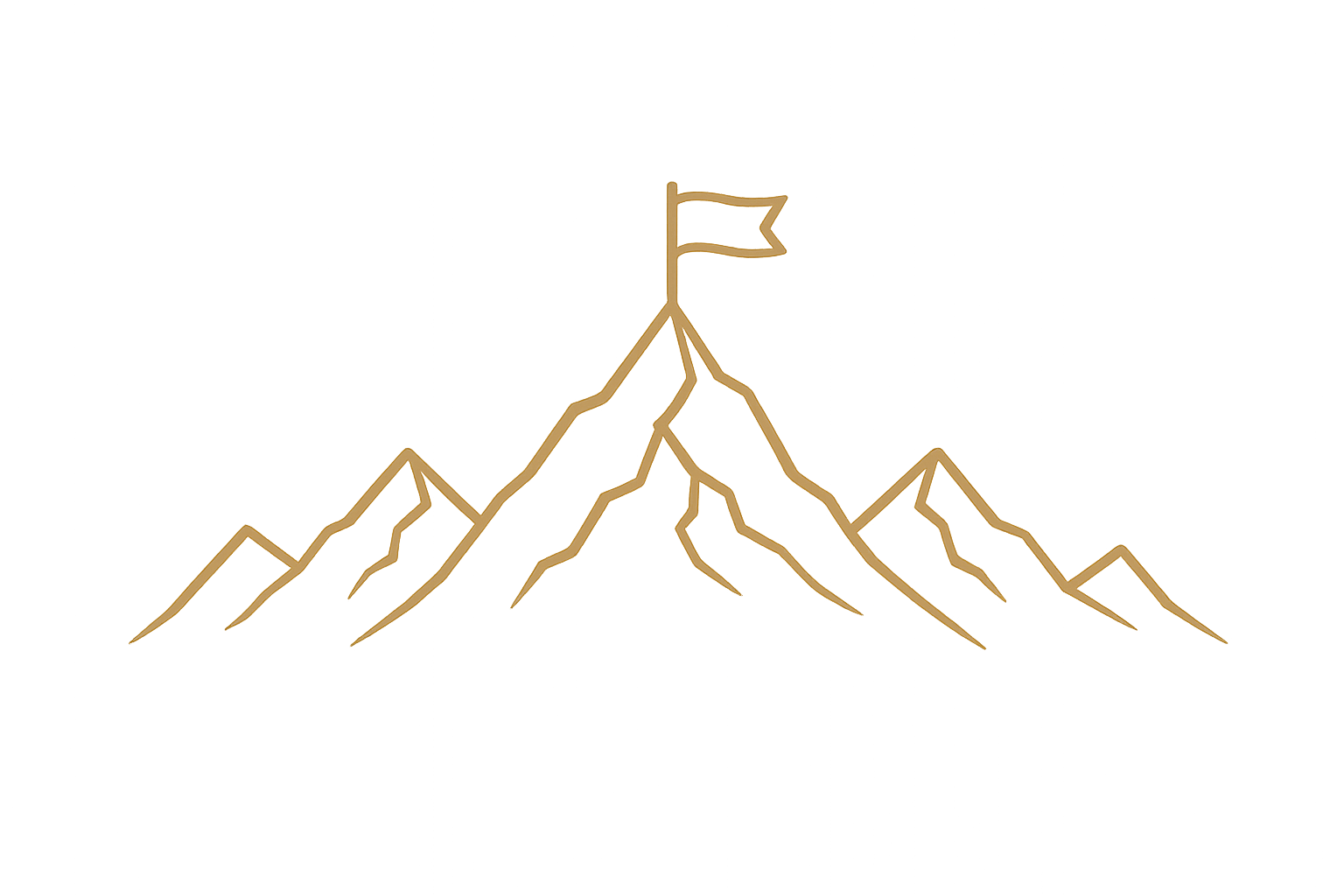Line drawing of a mountain range with a flag at the top, on a black background.