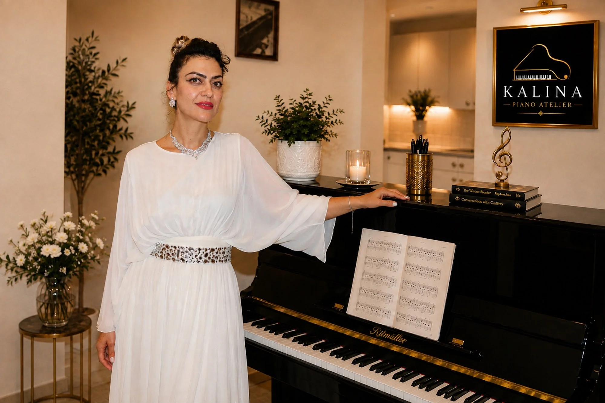 Pianist and piano educatior Kalina Simeonova beside an upright piano, representing private piano tuition at Kalina Piano Atelier.