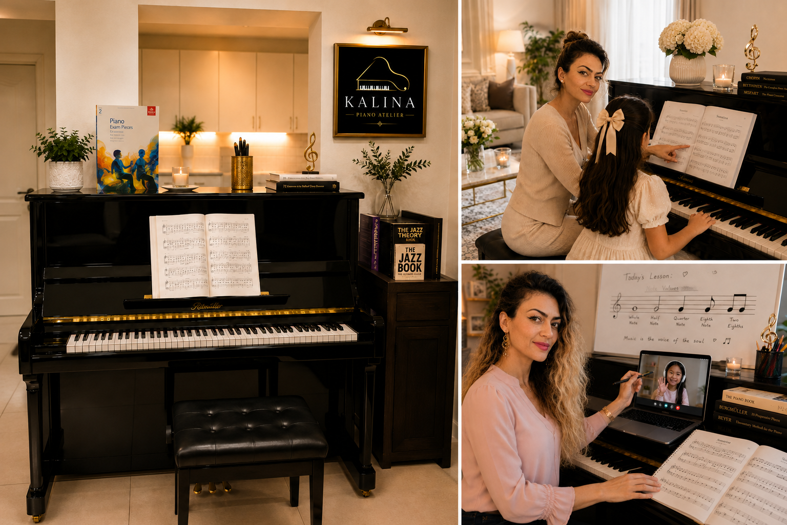 Upright piano at Kalina Piano Atelier, a private piano teaching studio in Al Ghadeer, Abu Dhabi