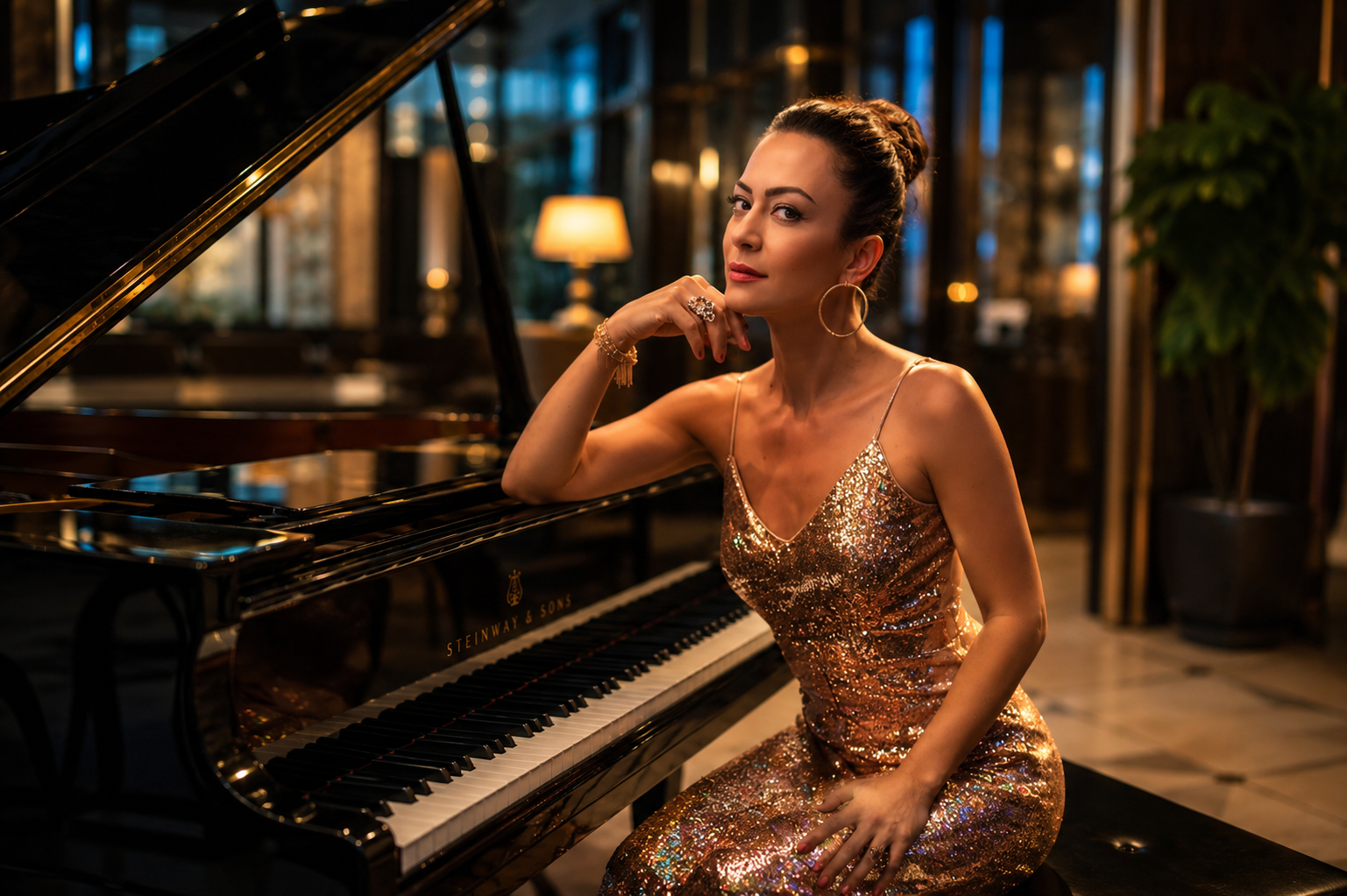 Pianist Kalina Simeonova at a grand piano during a luxury live performance in Dubai.