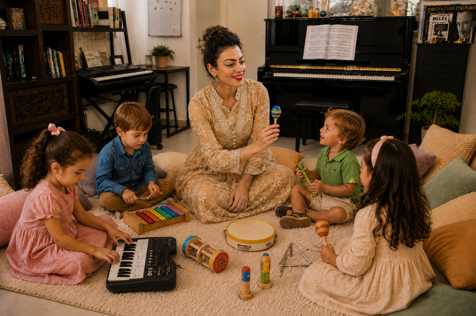 Early Years music lesson with Kalina Simeonova, introducing children to rhythm and musical instruments.